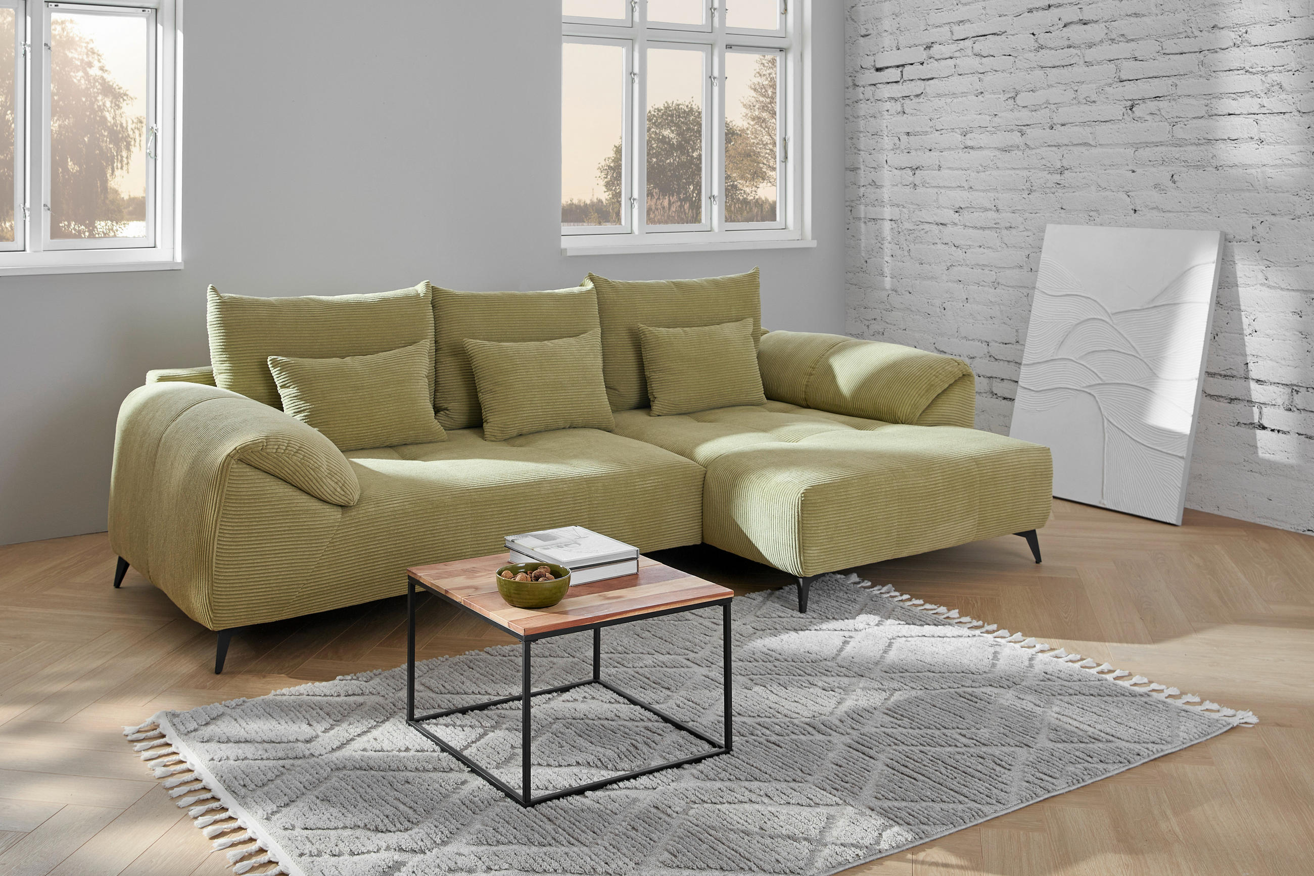 ECKSOFA in Cord Hellgrün  - Schwarz/Hellgrün, Konventionell, Textil/Metall (311/176cm) - Carryhome