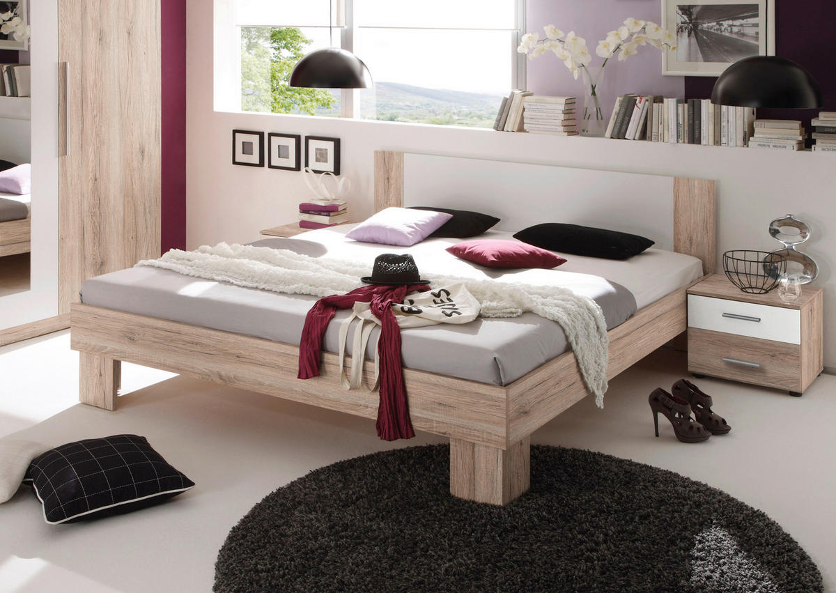 SET KREVETA I NOĆNIH ORMARIĆA   180/200 cm   bijela, hrast San Remo  - bijela/hrast San Remo, Konvencionalno, drvni materijal (180/200cm) - Carryhome