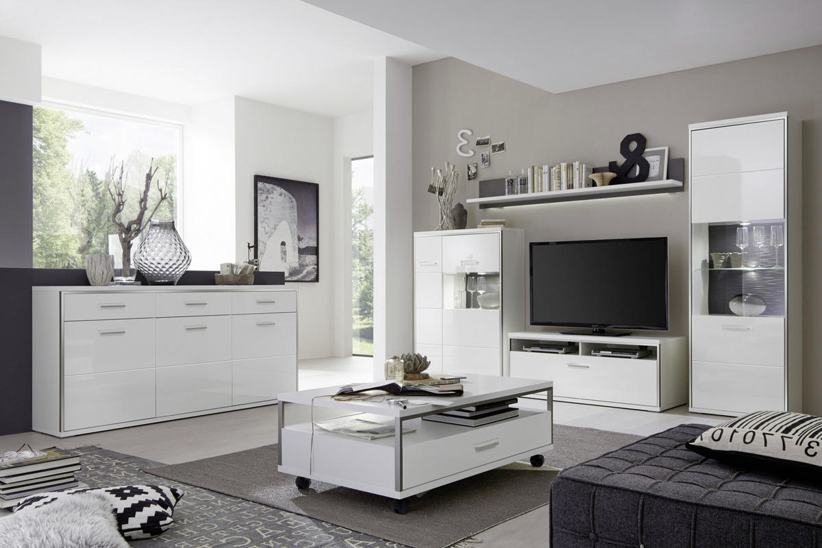 WOHNWAND  in Grau, Silberfarben, Weiss 301/201/52 cm  - Weiss Hochglanz/Weiss, Design, Glas/Holzwerkstoff (301/201/52cm) - Livetastic