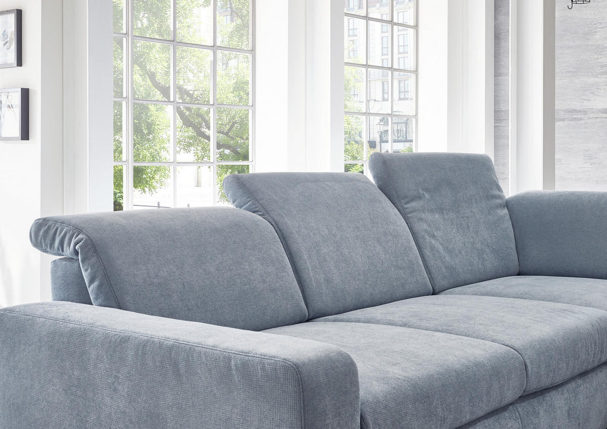 ECKSOFA in Flachgewebe Hellblau  - Chromfarben/Hellblau, Design, Textil/Metall (301/260cm) - Beldomo Style