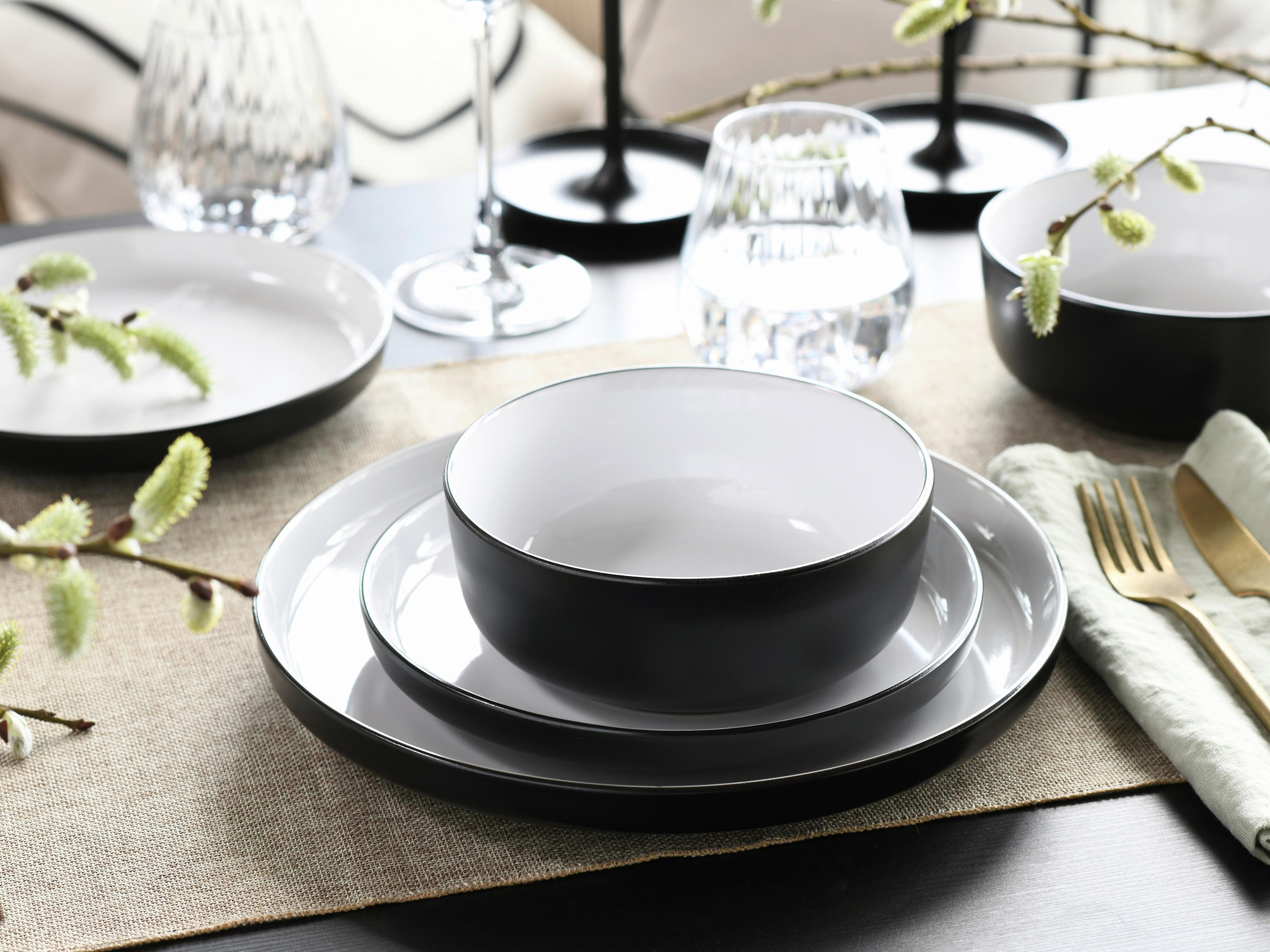 TAFELSERVICE Schwarz, Grauweiß 12-teilig Nordic Cool Black  - Grauweiß/Schwarz, Basics, Keramik - Creatable