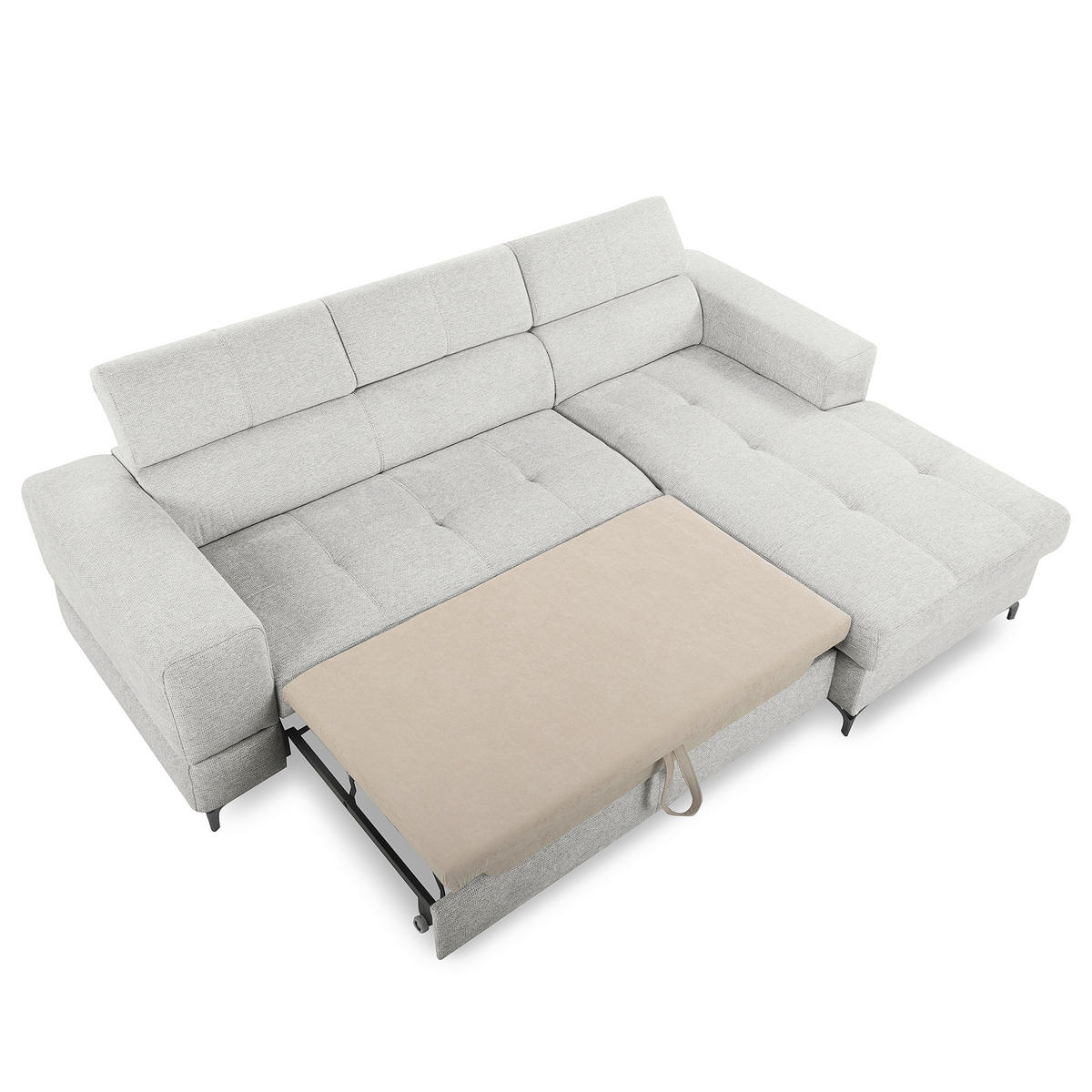 ECKSOFA TORINO Hellgrau Chenille Bettkasten, Kopfteilverstellung  - Schwarzchrom/Hellgrau, Design, Textil/Metall (247/173cm) - Livetastic