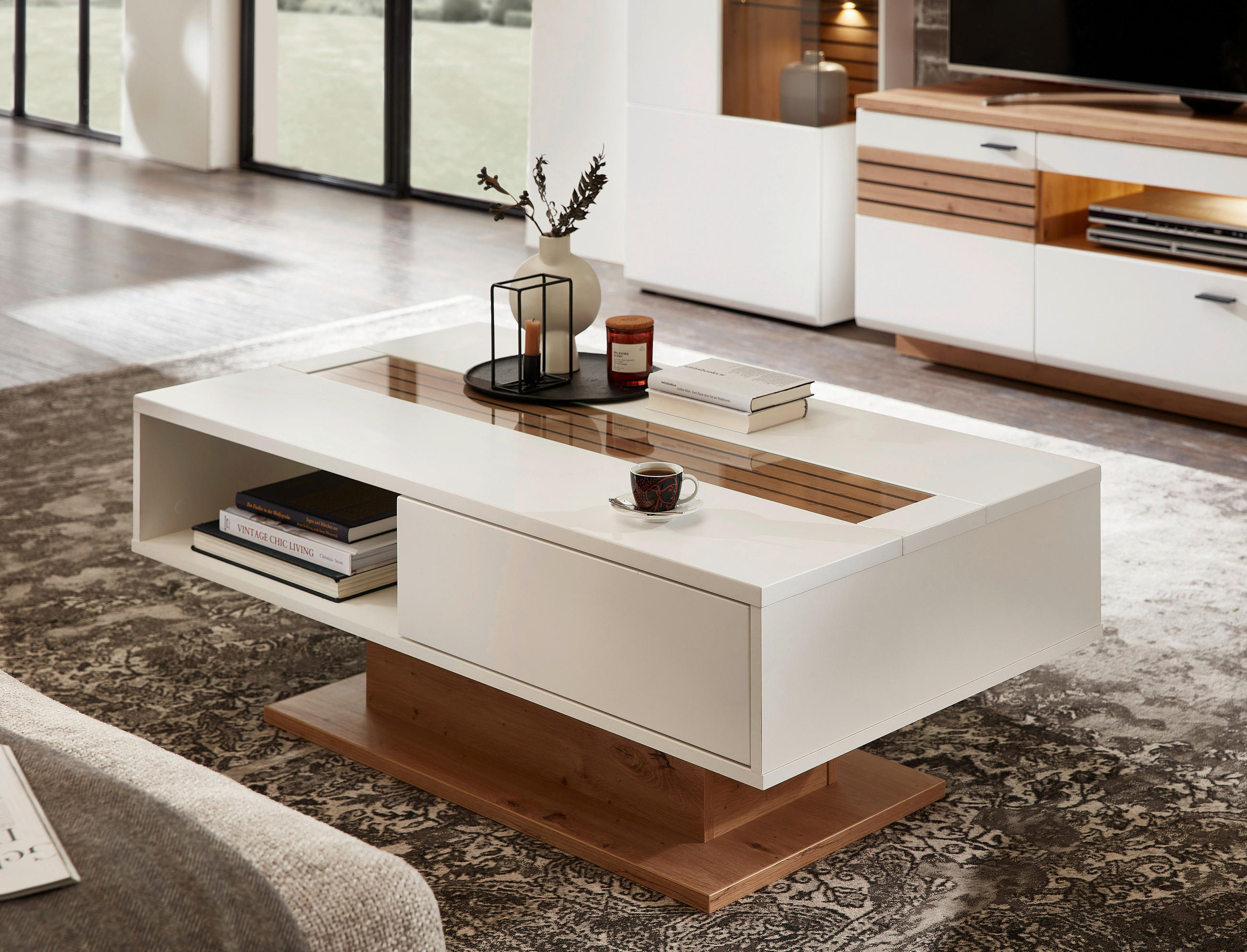 COUCHTISCH Klarglas rechteckig Schwarz, Weiß, Eiche Artisan  - Schwarz/Weiß, Design, Glas/Holzwerkstoff (120/43/65cm) - Livetastic