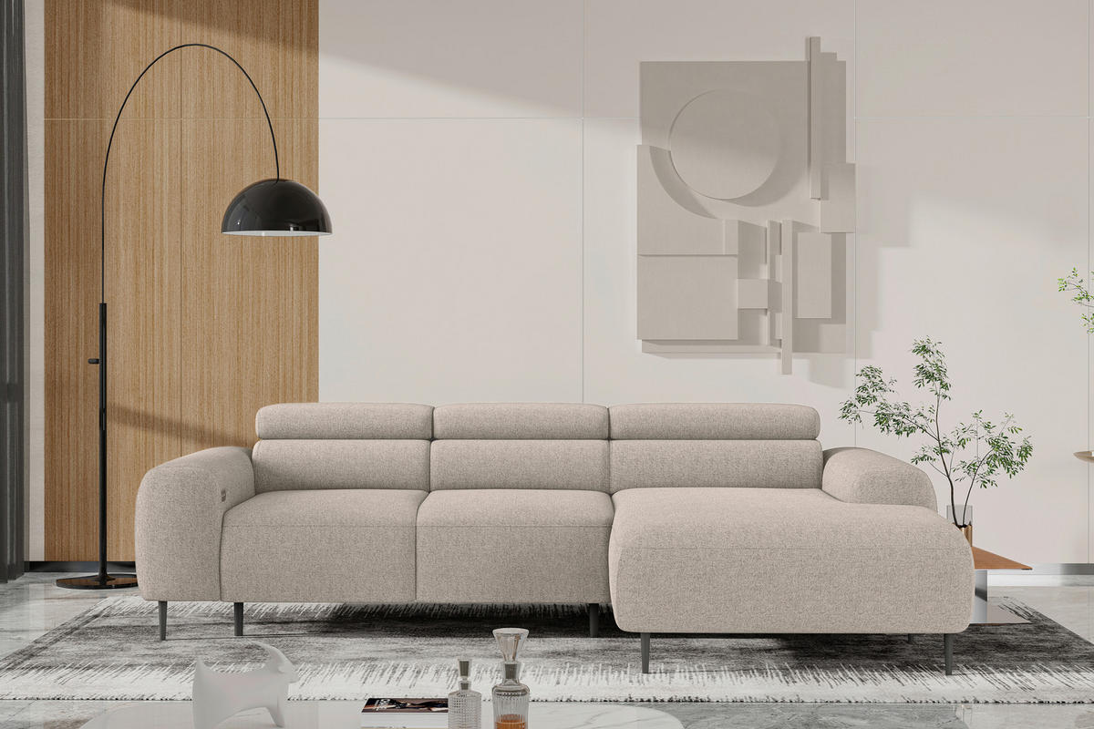 ECKSOFA Beige Struktur Rücken echt, Kopfteilverstellung, Sitztiefenverstellung  - Beige/Schwarz, MODERN, Textil/Metall (274/179cm) - Welnova