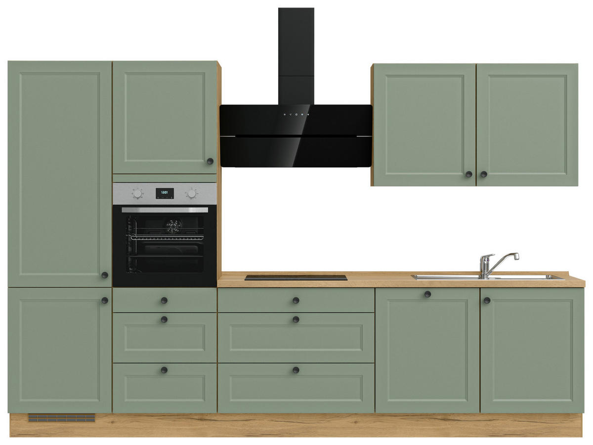 KÜCHENBLOCK 330 cm   in Eichefarben, Schilfgrün  - Schilfgrün/Eichefarben, MODERN, Holzwerkstoff/Metall (330cm) - Nobilia
