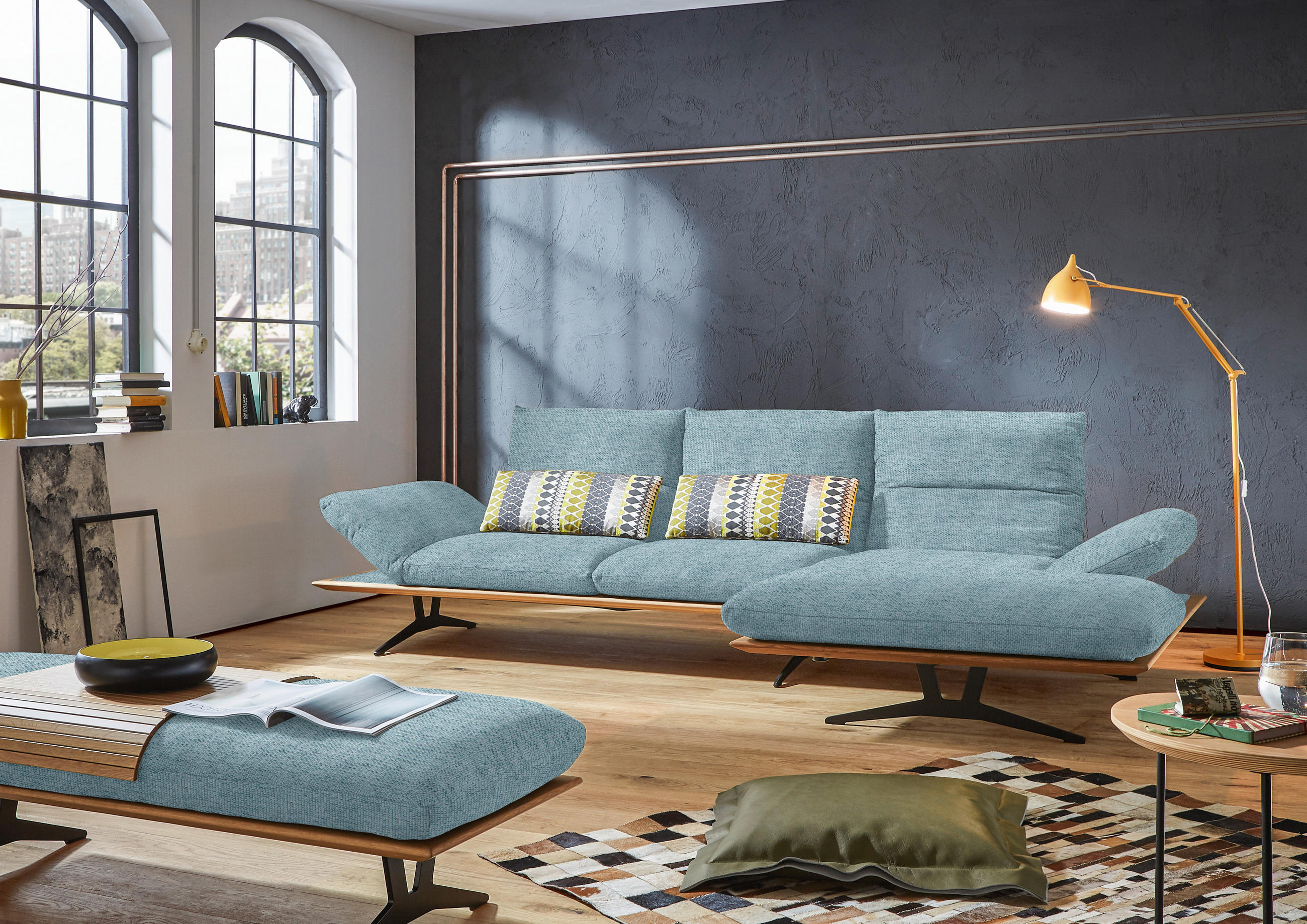 ECKSOFA in Flachgewebe Hellblau  314/159 cm  - Schwarz/Hellblau, Design, Holz/Textil (314/159cm) - Dieter Knoll