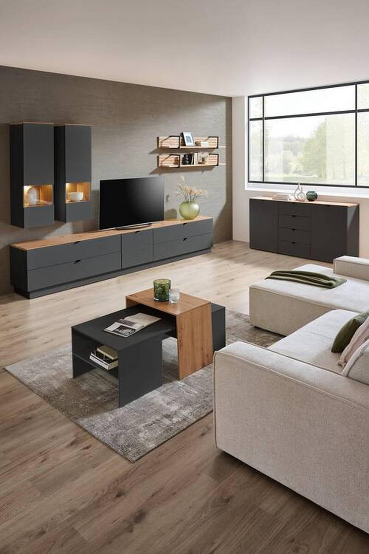 TV-ELEM 140/62/44 cm  - grafitszürke/fekete, Modern, faalapú anyag/fém (140/62/44cm) - Hom`in