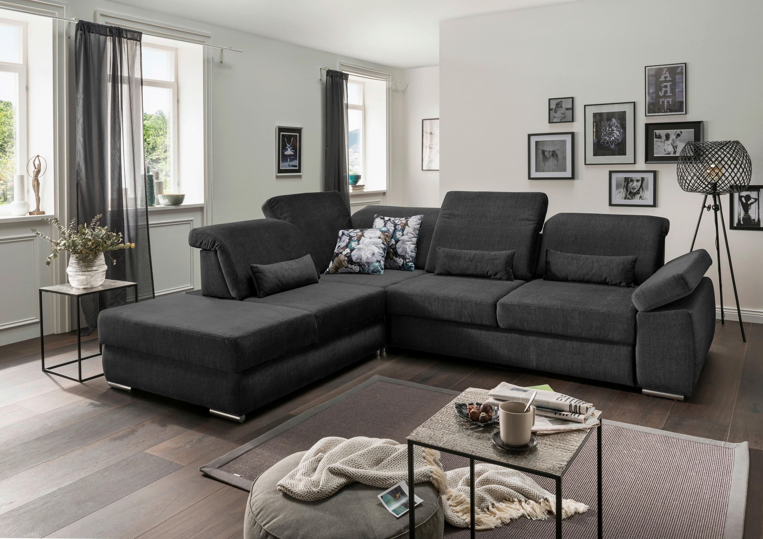 ECKSOFA Anthrazit Velours  - Chromfarben/Anthrazit, MODERN, Holz/Textil (250/297cm) - Livetastic