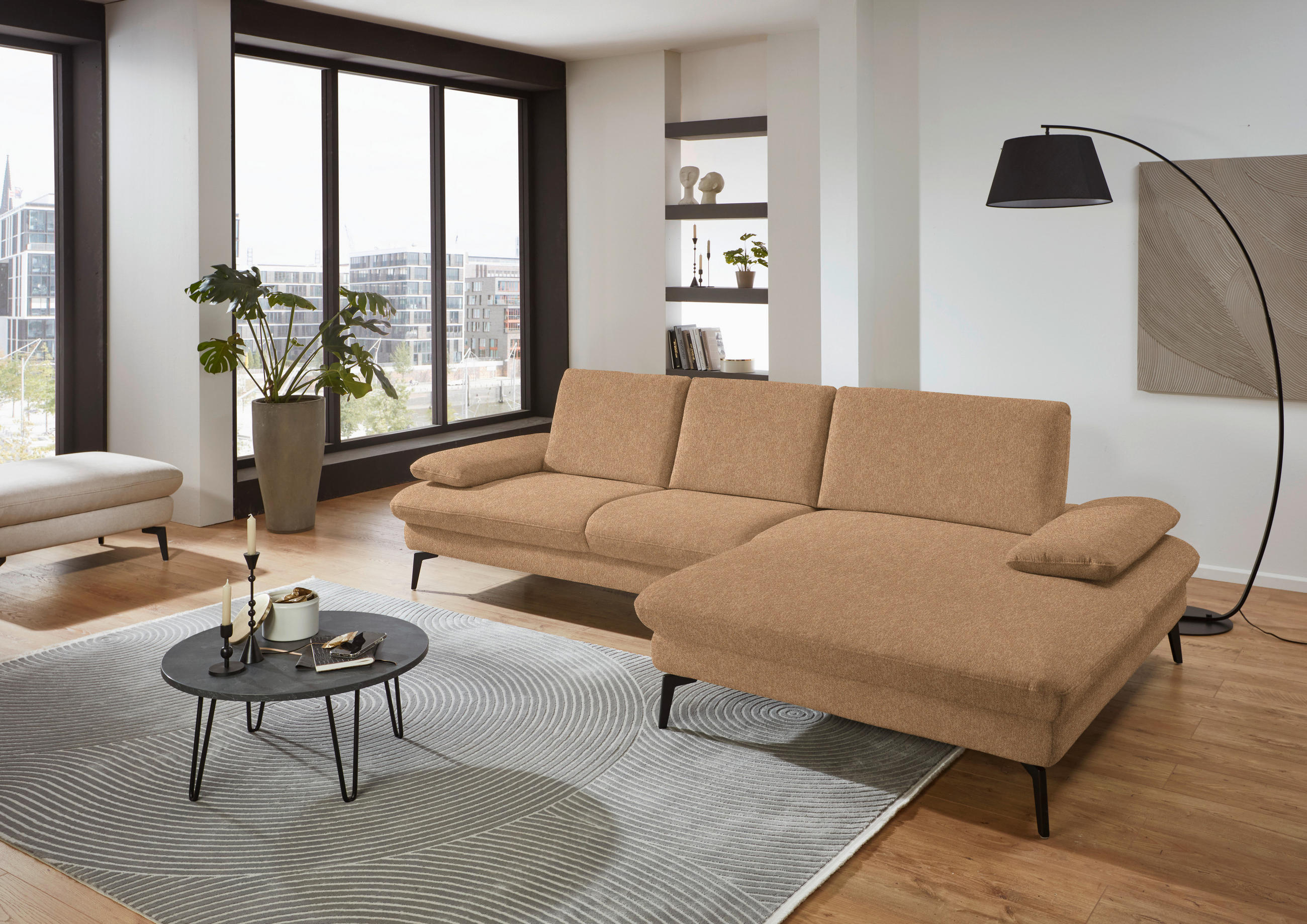 ECKSOFA in Chenille, Mikrofaser Cappuccino  - Schwarz/Cappuccino, Design, Textil/Metall (299/157cm) - Dieter Knoll
