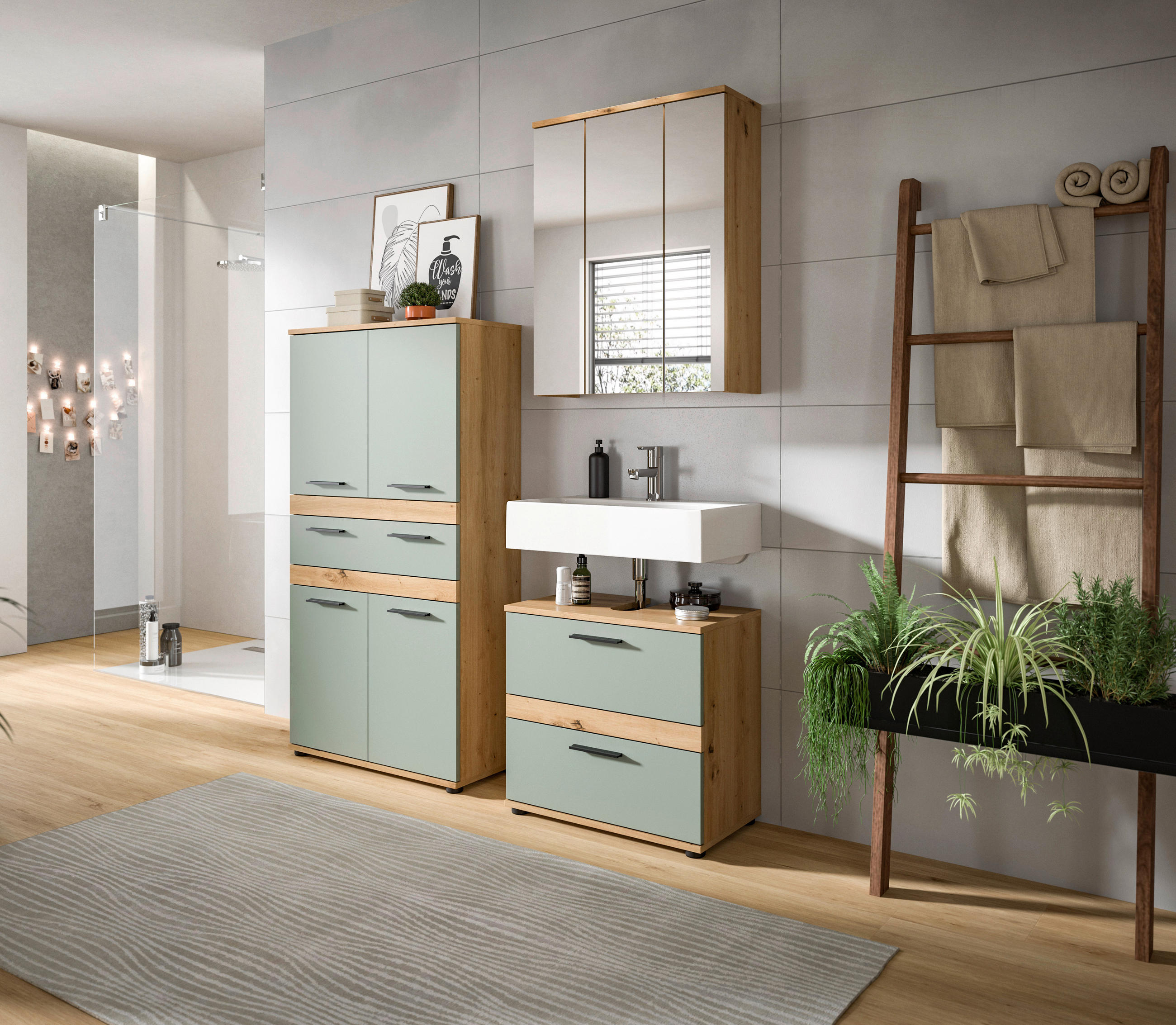 Mid.you Badezimmer Blake Salbeigrün, Eiche Artisan 145 cm