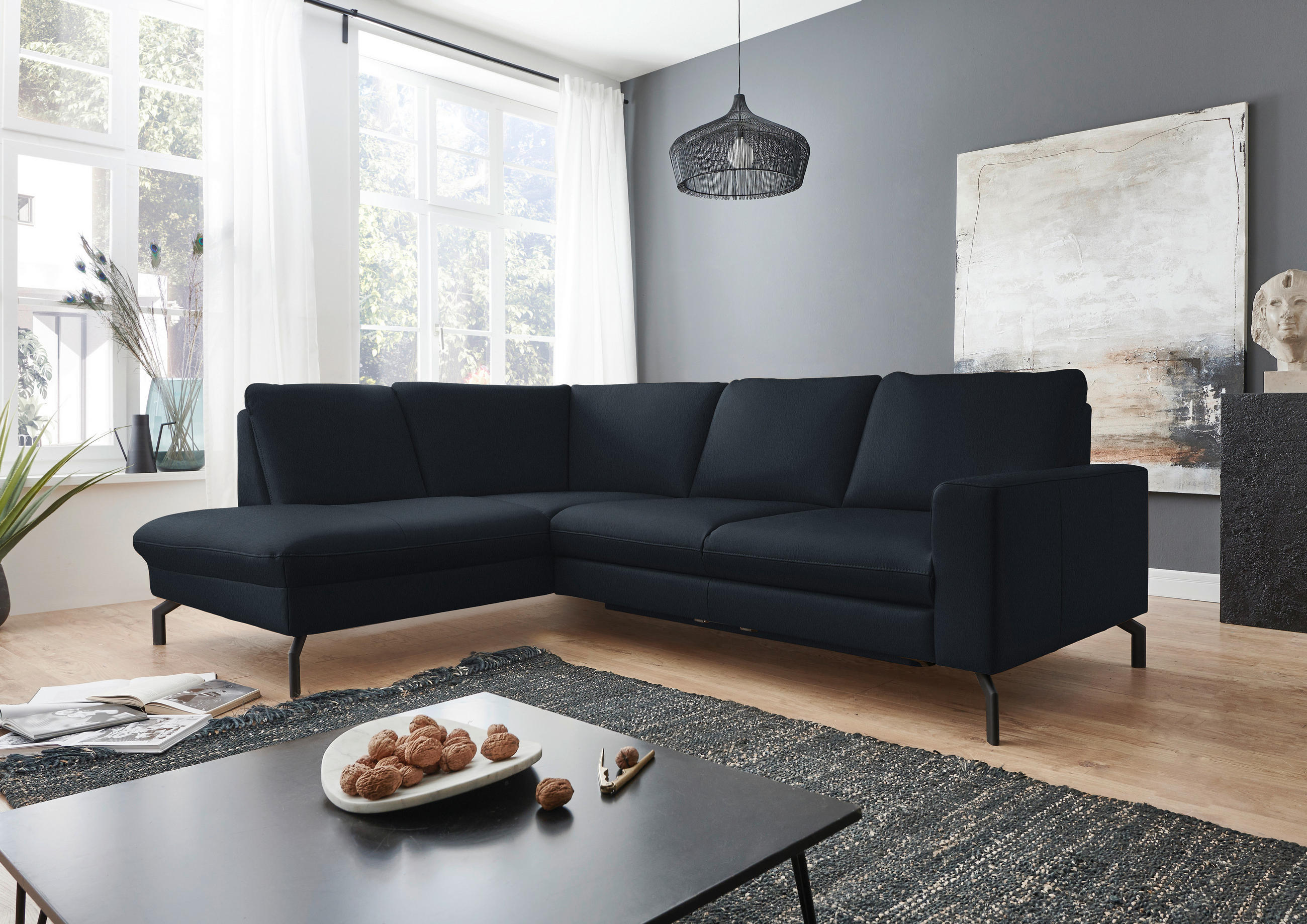 ECKSOFA in Echtleder Dunkelblau  - Schwarz/Dunkelblau, Design, Leder/Metall (194/250cm) - Beldomo Premium