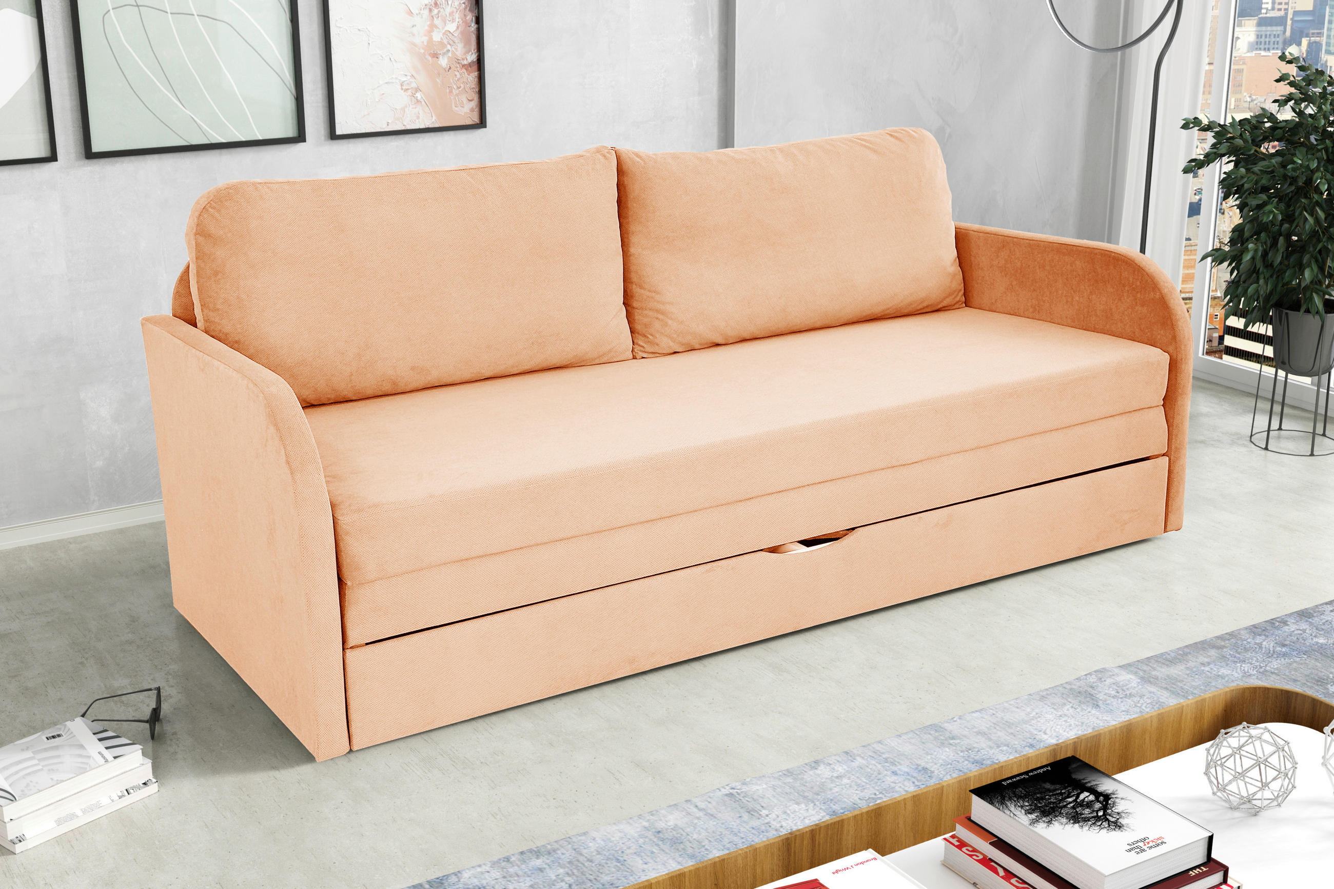 SCHLAFSOFA in Flachgewebe Aprikose  - Aprikose/Schwarz, Design, Kunststoff/Textil (203/77/86cm) - MID.YOU