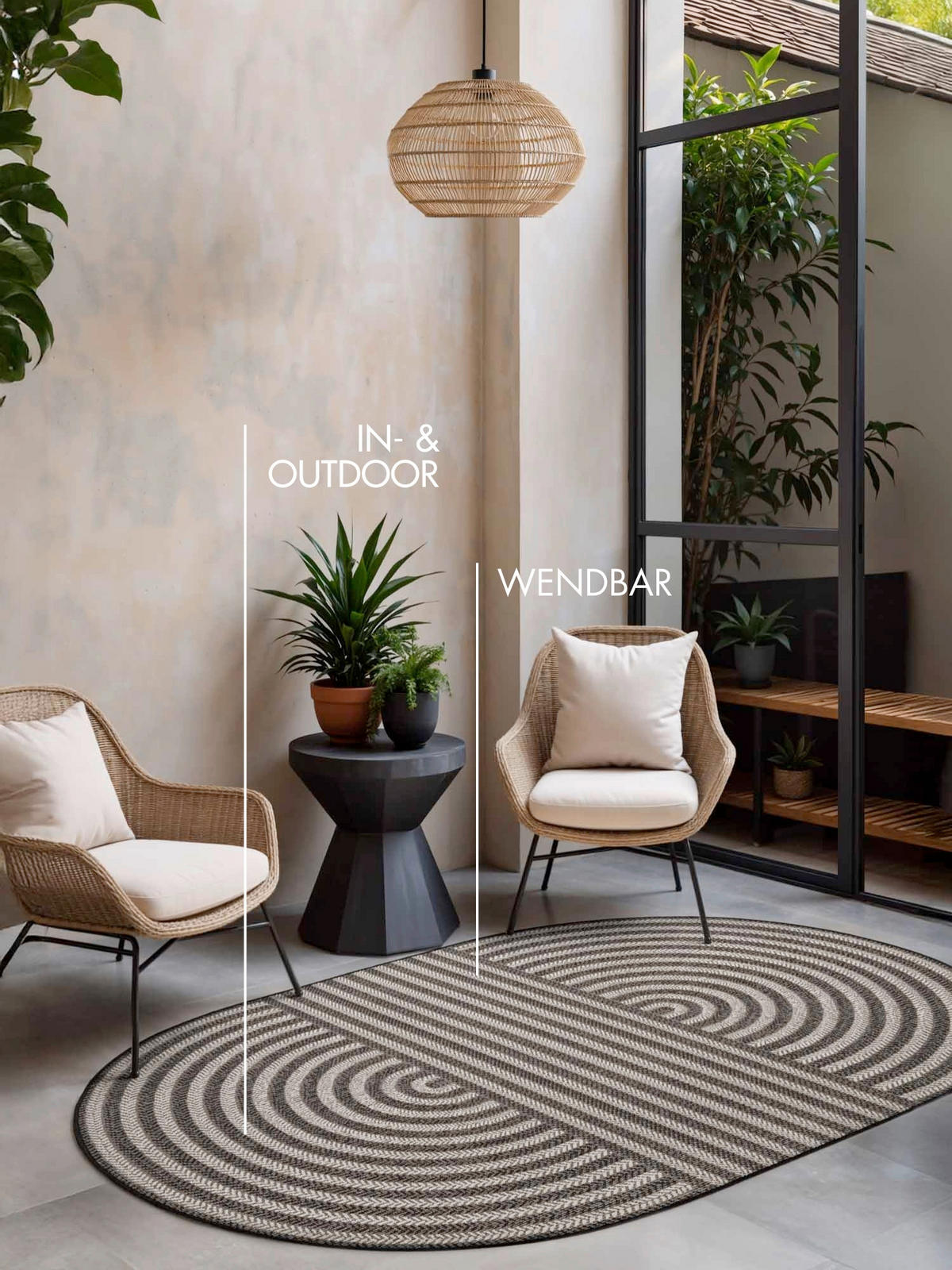 FLACHWEBETEPPICH 160/230 cm Haringey Schwarz, Weiß oval  - Schwarz/Weiß, Design, Kunststoff (160/230cm)