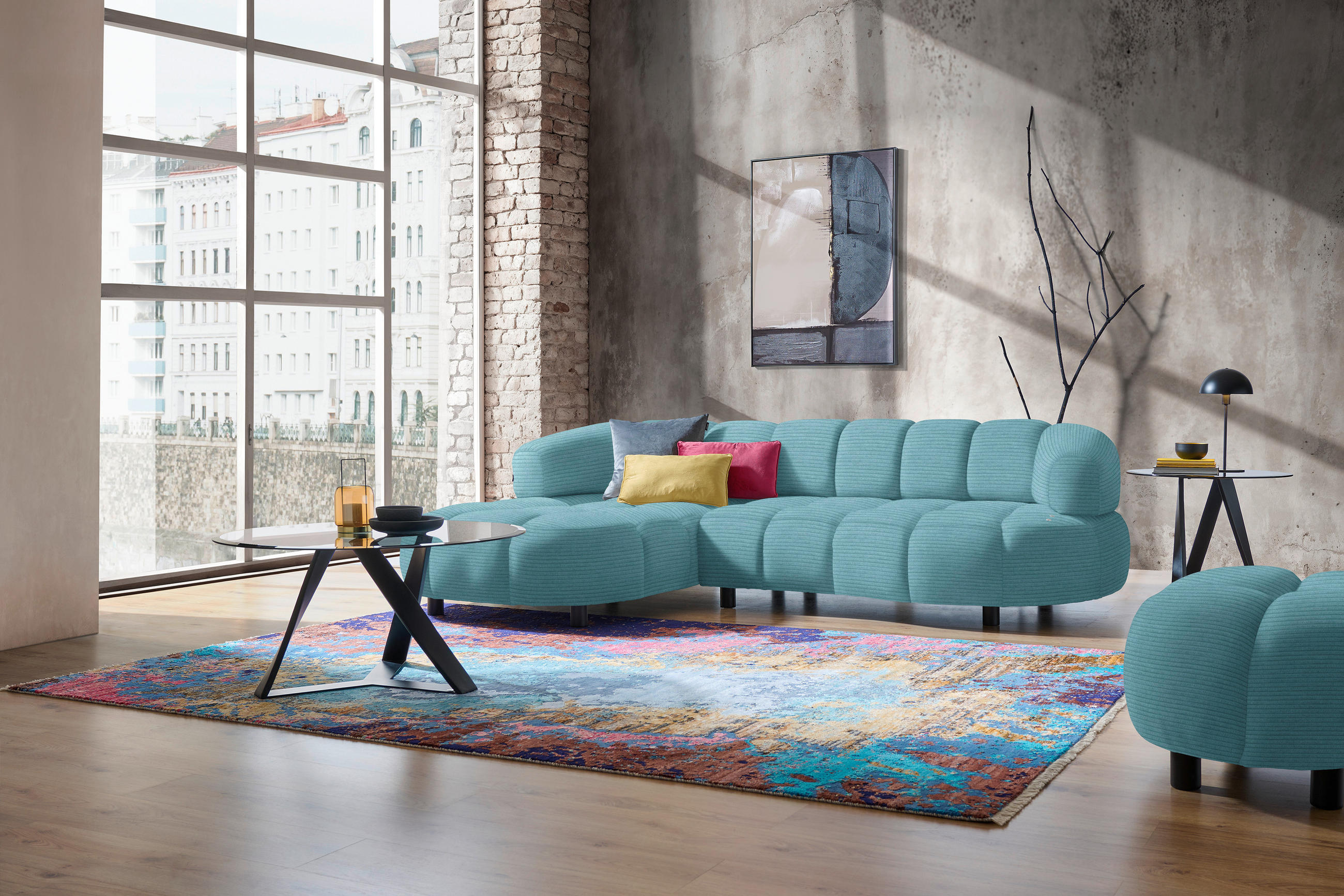ECKSOFA in Cord, Velours Hellblau  - Schwarz/Hellblau, Design, Holz/Textil (183/284cm) - Welnova