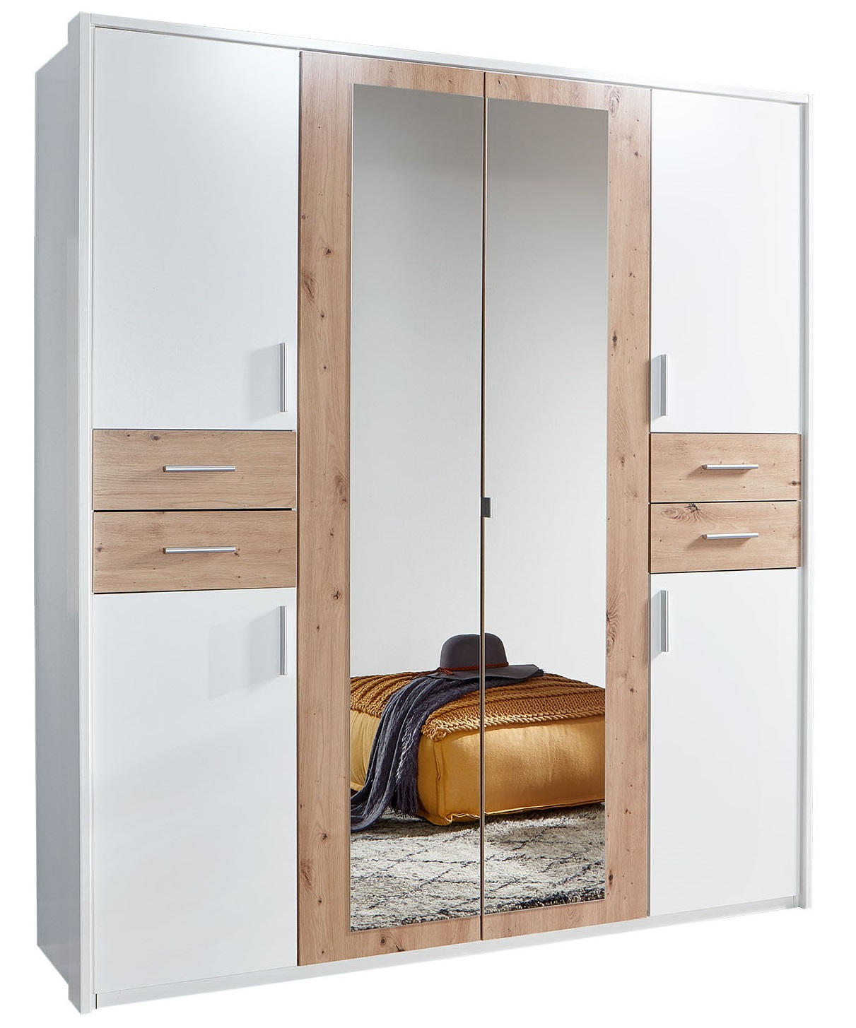 KLEIDERSCHRANK 6-türig Weiß, Eiche Artisan - Silberfarben/Eiche Artisan, Basics, Holzwerkstoff/Kunststoff (180/208/58cm) - MID.YOU