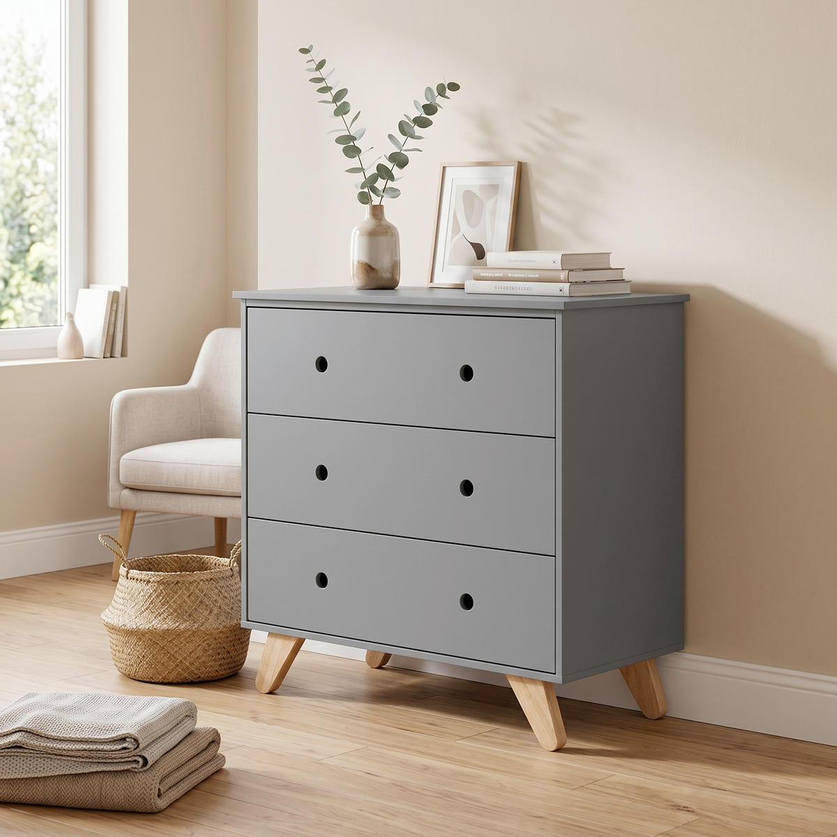KOMMODE , 95/90/50 cm, 3 Schublade(n)  - Naturfarben/Grau, Design, Holz/Holzwerkstoff (95/90/50cm) - Livetastic