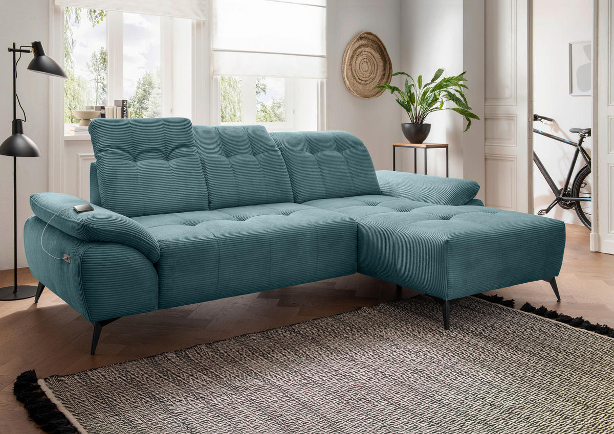 ECKSOFA FIORE in Cord Petrol Kopfteilverstellung, Sitzvorzug  280/180 cm  - Petrol/Schwarz, MODERN, Textil/Metall (280/180cm) - Livetastic