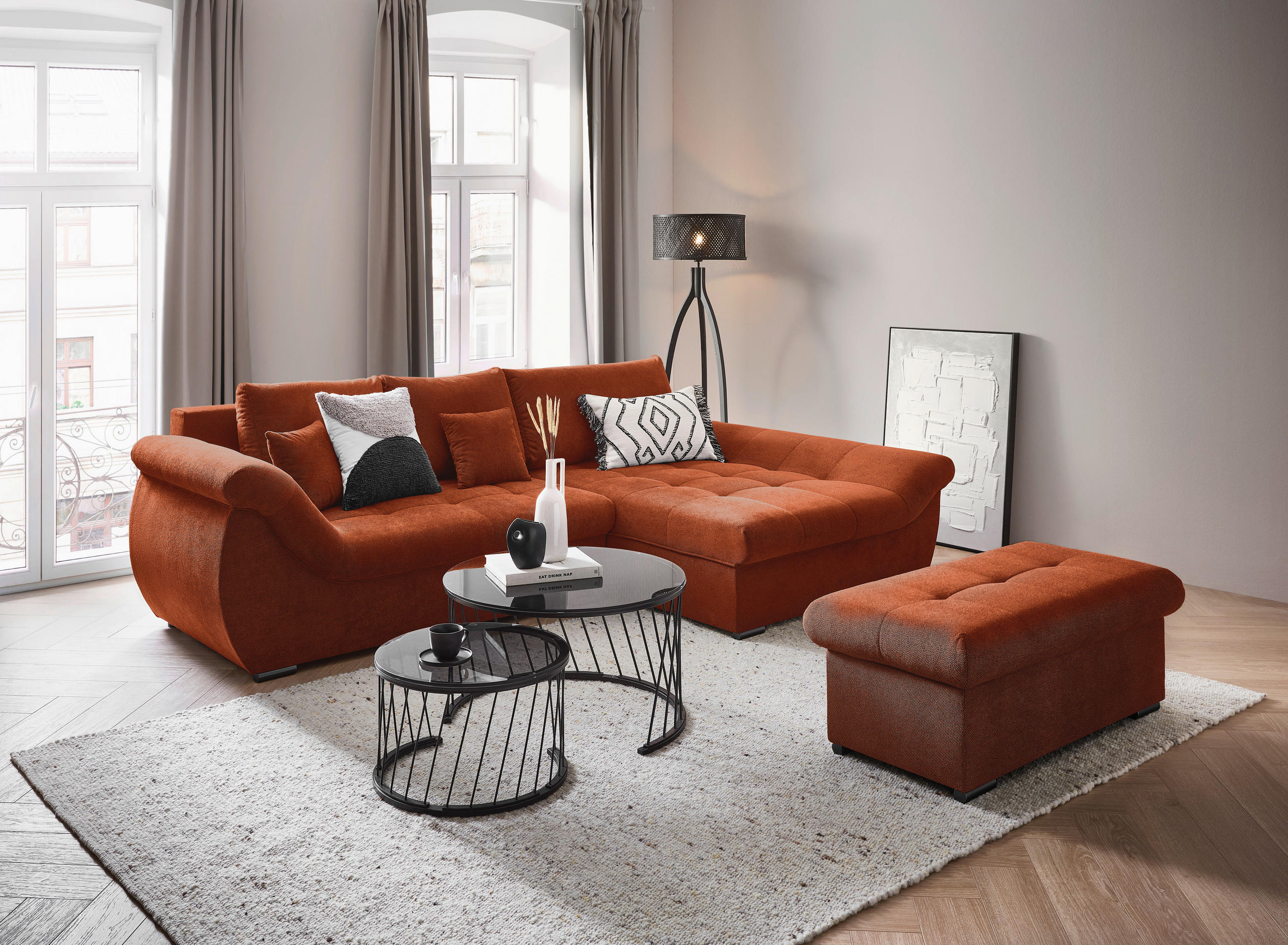 ECKSOFA Rostfarben Flachgewebe  - Rostfarben/Schwarz, Design, Kunststoff/Textil (278/175cm) - Xora