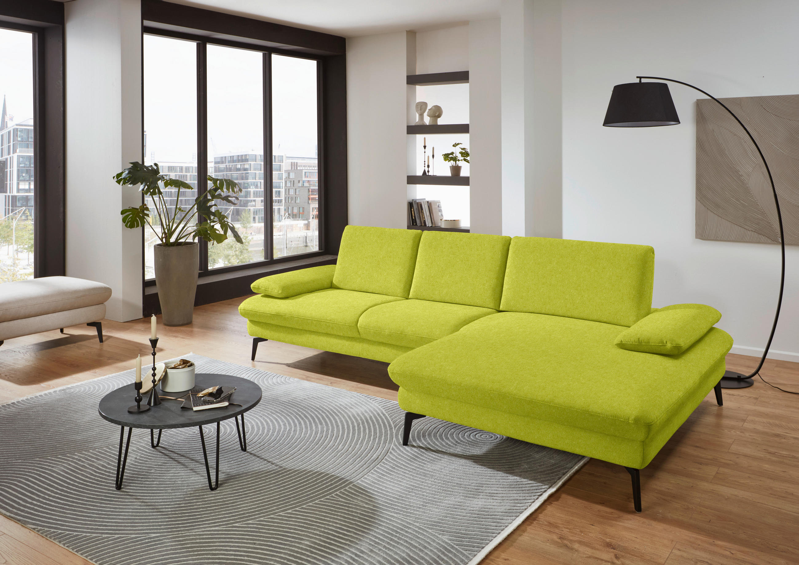 ECKSOFA in Chenille, Mikrofaser Limette  - Limette/Schwarz, Design, Textil/Metall (299/157cm) - Dieter Knoll