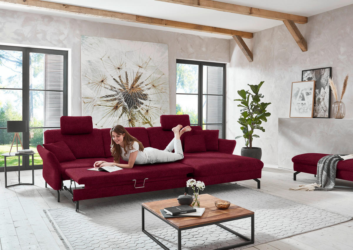 ECKSOFA in Velours Beere  - Beere/Schwarz, Design, Textil/Metall (306/179cm) - Beldomo System