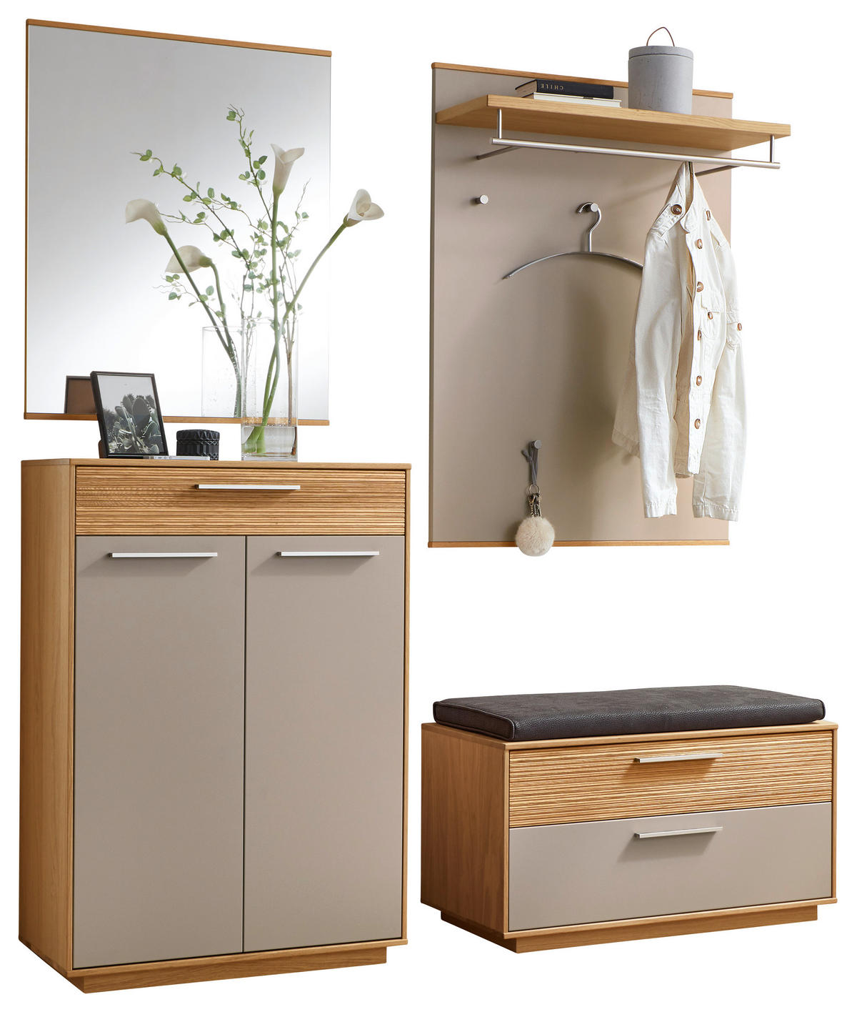 GARDEROBE 5-teilig  in 170/195/40 cm  - Taupe/Eichefarben, Design, Glas/Holz (170/195/40cm)