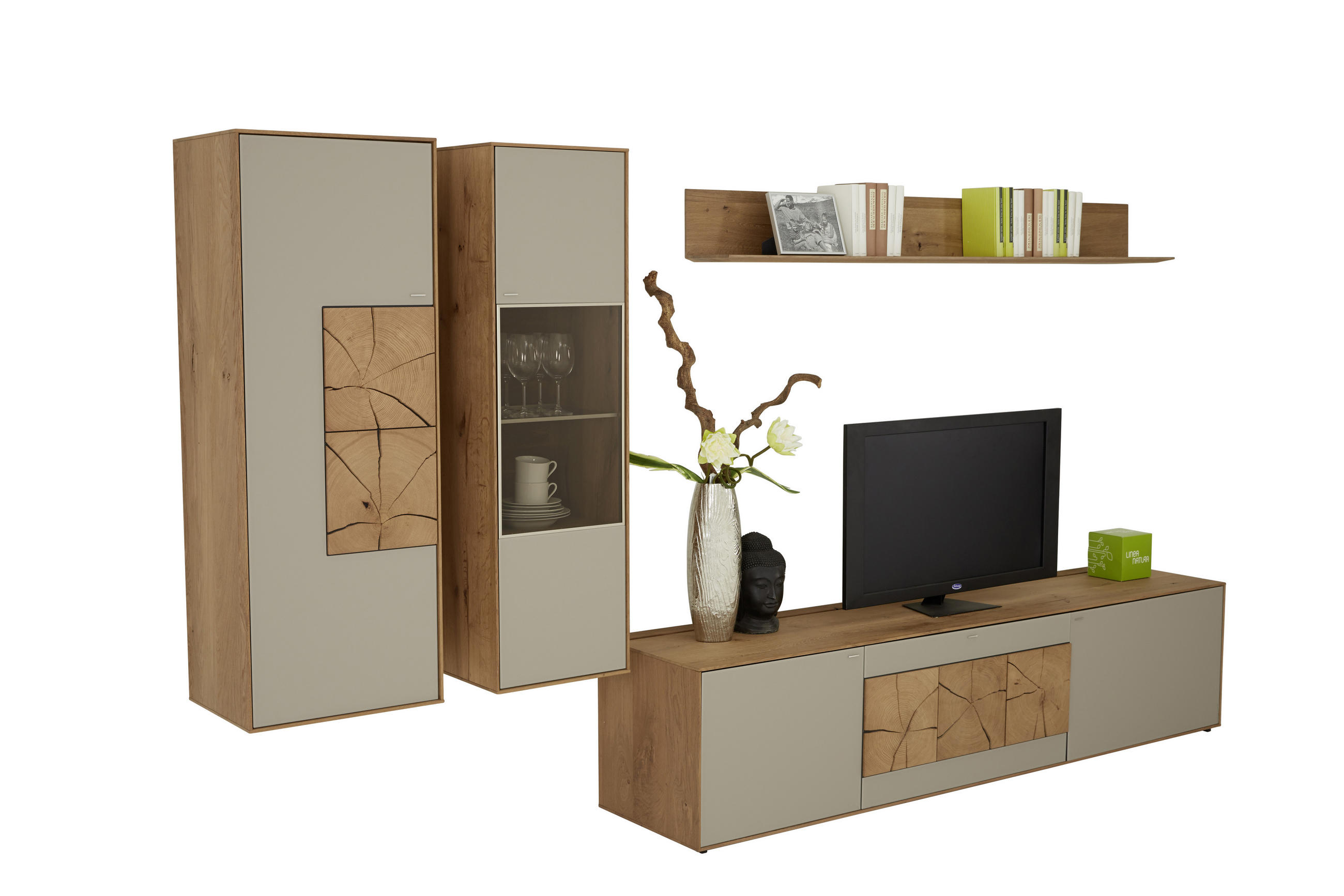 WOHNWAND  343/188/49 cm  in Eichefarben, Fango  - Fango/Eichefarben, Design, Glas/Holz (343/188/49cm) - Valnatura
