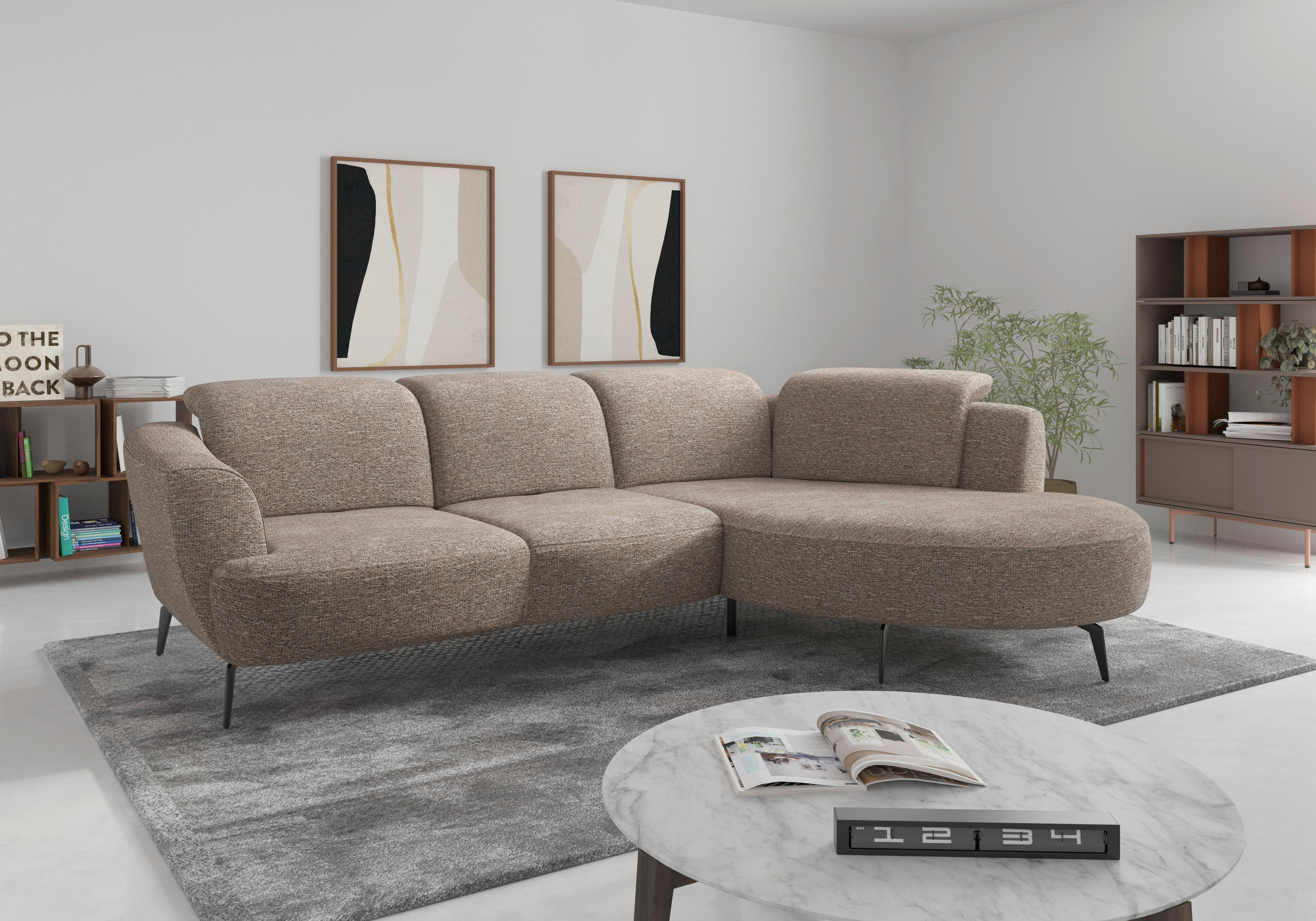 ECKSOFA ZOE E Cappuccino Chenille  - Schwarz/Cappuccino, KONVENTIONELL, Textil/Metall (309/199cm) - Sit & More