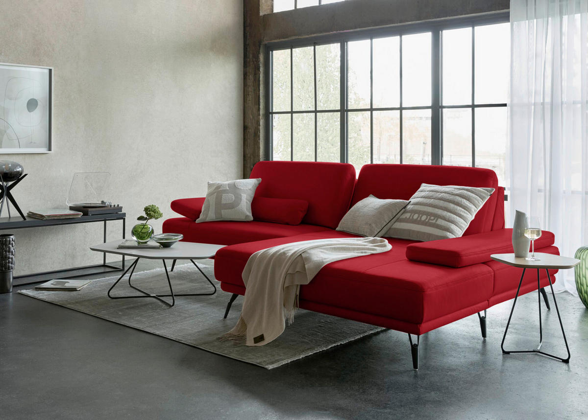 ECKSOFA Echtleder Rot  - Rot/Schwarz, Konventionell, Leder/Metall (301/180cm) - Joop!