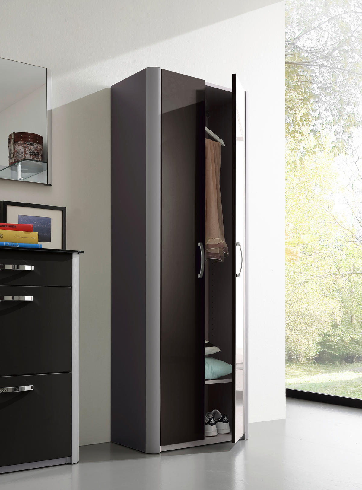 GARDEROBE 4-teilig  in 270/192/34 cm  - Schwarz/Alufarben, Design, Glas/Holzwerkstoff (270/192/34cm) - Moderano