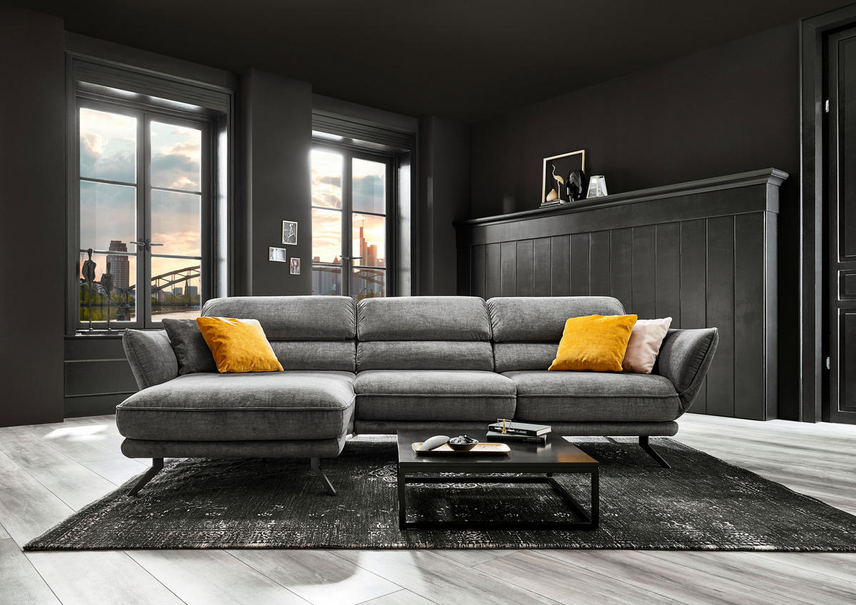 ECKSOFA in Velours Silberfarben  - Silberfarben/Schwarz, Design, Textil/Metall (153/283cm) - Valdera