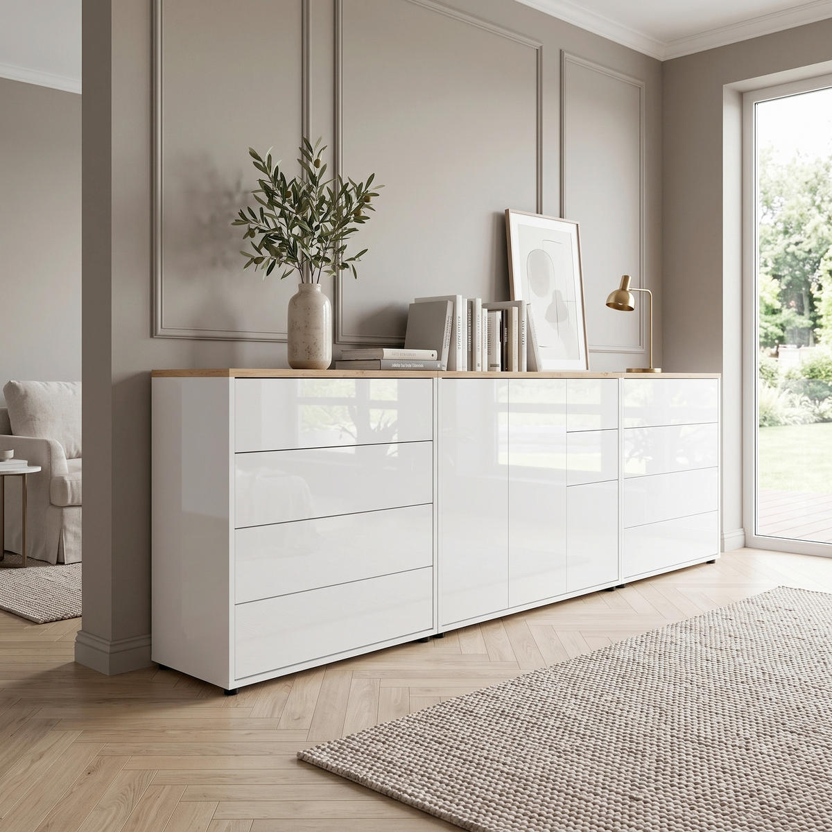 SIDEBOARD Mailand Set 8 263,5/73/33 cm 10 Schublade(n)  - Weiß Hochglanz/Schwarz, MODERN, Holzwerkstoff/Kunststoff (263,5/73/33cm) - MID.YOU