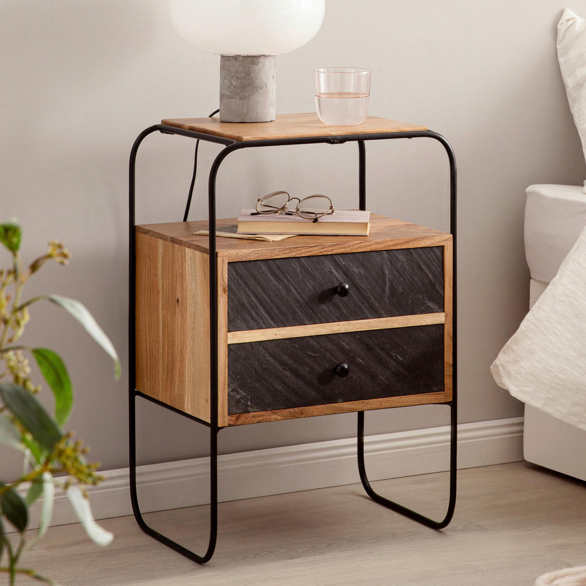 NACHTSCHRANK 40/60/30 cm Akazie massiv  - Anthrazit/Schwarz, LIFESTYLE, Holz/Kunststoff (40/60/30cm) - MID.YOU