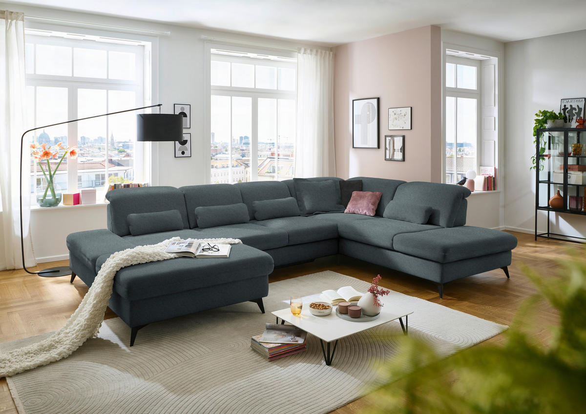 WOHNLANDSCHAFT  in Chenille Blau  - Blau/Schwarz, Design, Textil/Metall (198/364/255cm) - Beldomo Style