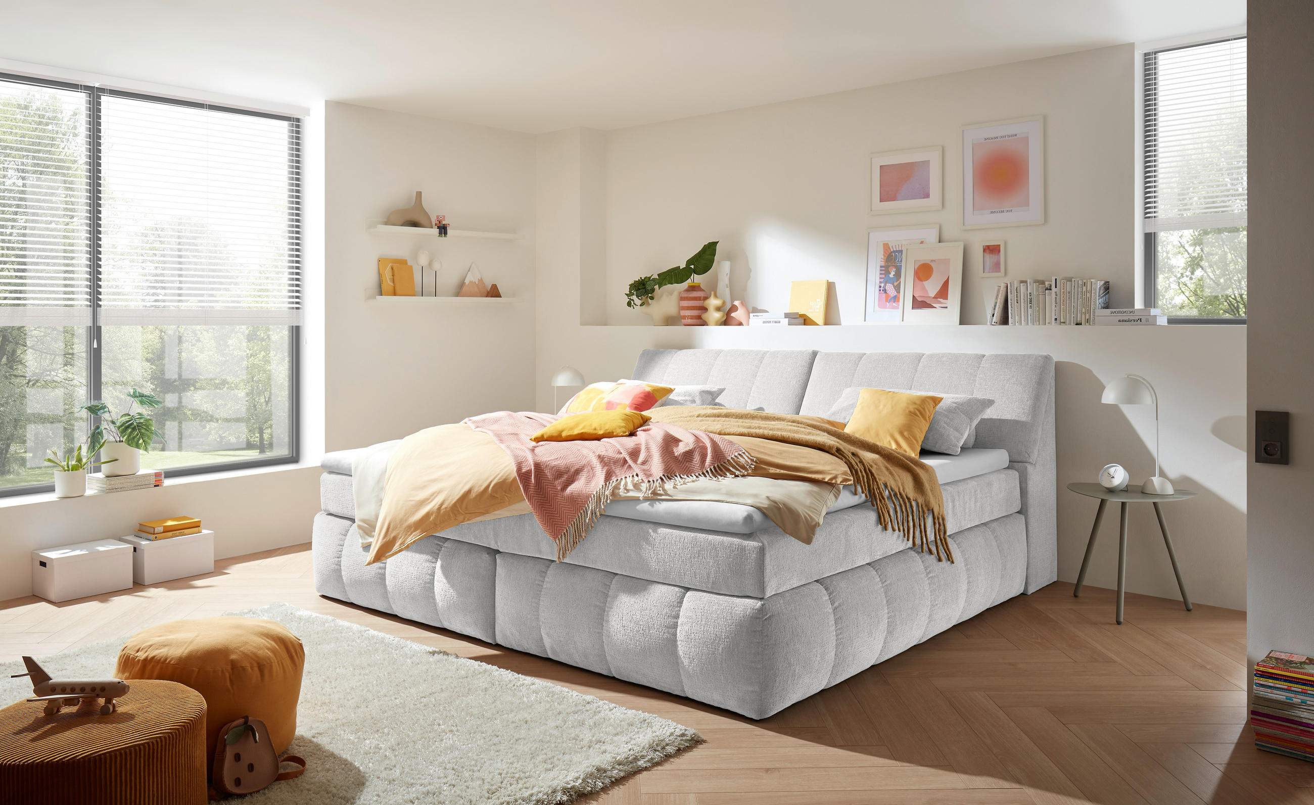 BOXSPRINGBETT 240/200 cm,  in Silberfarben, gepolstertes Kopfteil, Bettkasten, Topper, Matratzen, H2 = mittel  - Silberfarben, MODERN, Kunststoff/Textil (240/200cm) - MID.YOU