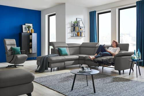 ECKSOFA in Echtleder Dunkelgrau  - Dunkelgrau/Schwarz, Design, Leder/Metall (239/285cm) - Cantus
