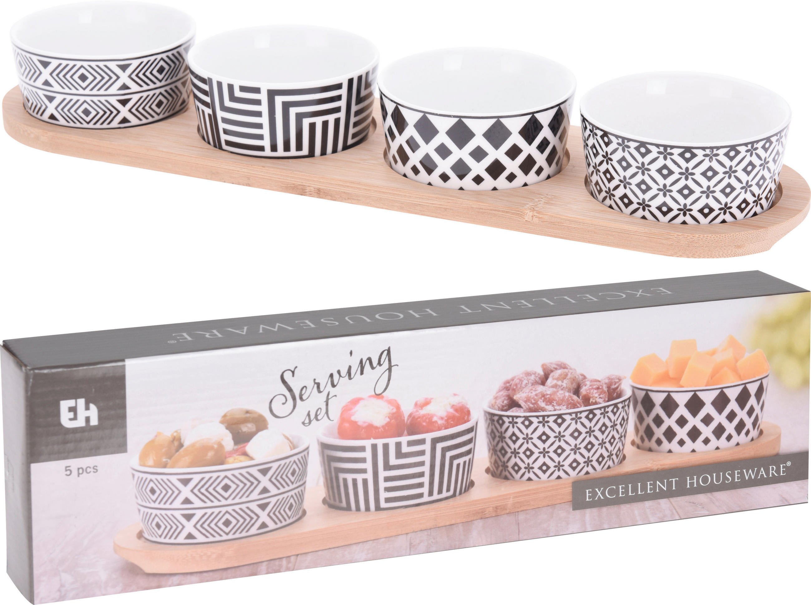 SET SERVERINGSSKÅLAR 5 delar   - vit/ljusbrun, Trend, trä/keramik (38/4,5/10cm)