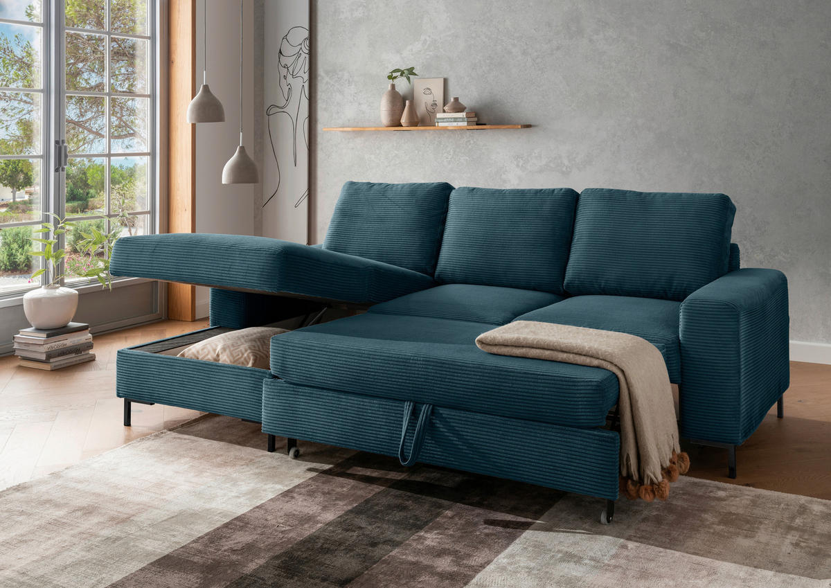 ECKSCHLAFSOFA  mit Rücken echt Cord Petrol  - Petrol/Schwarz, KONVENTIONELL, Textil/Metall (143/237cm) - Livetastic