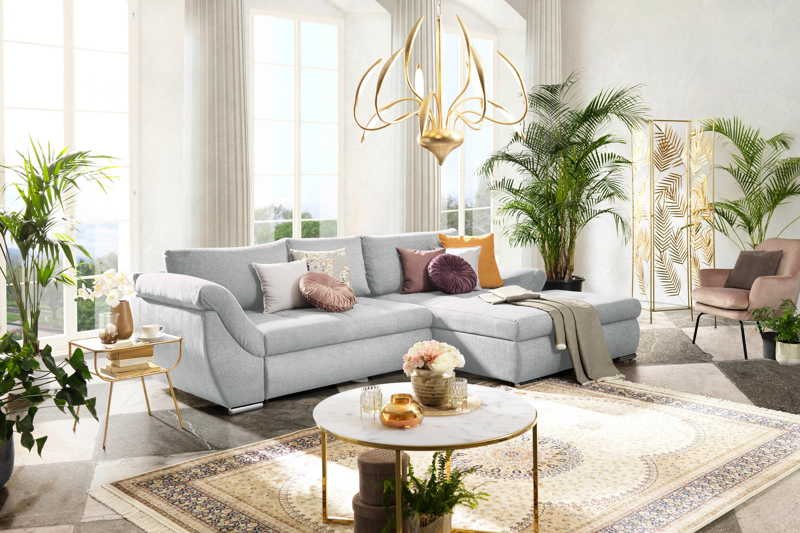 ECKSOFA in Flachgewebe Silberfarben  - Silberfarben, Design, Textil/Metall (306/174cm) - MID.YOU