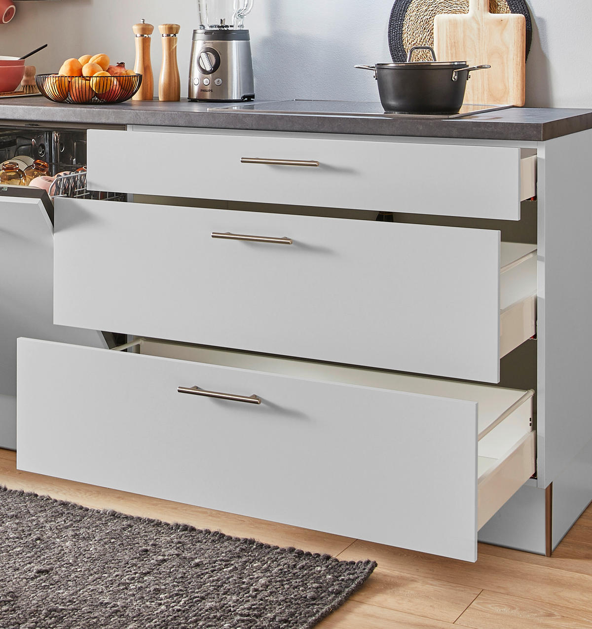 KÜCHENBLOCK PN 215 340 cm  in Graphitfarben, Hellgrau  - Edelstahlfarben/Hellgrau, Design, Holzwerkstoff/Metall (340cm) - Pino