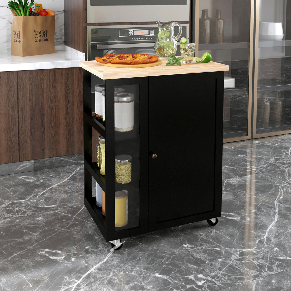 KÜCHENINSEL   in Naturfarben, Schwarz  - Messingfarben/Schwarz, Basics, Glas/Holz (60/90/40cm) - MID.YOU