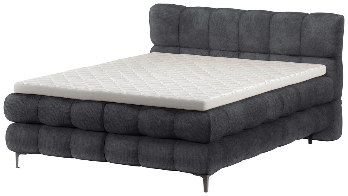 BOXBETT 180/200 cm,  in Anthrazit, gepolstertes Kopfteil, Bettkasten, Topper, H3 + H3 = fest  - Anthrazit/Schwarz, Design, Textil/Metall (180/200cm) - Ti'me