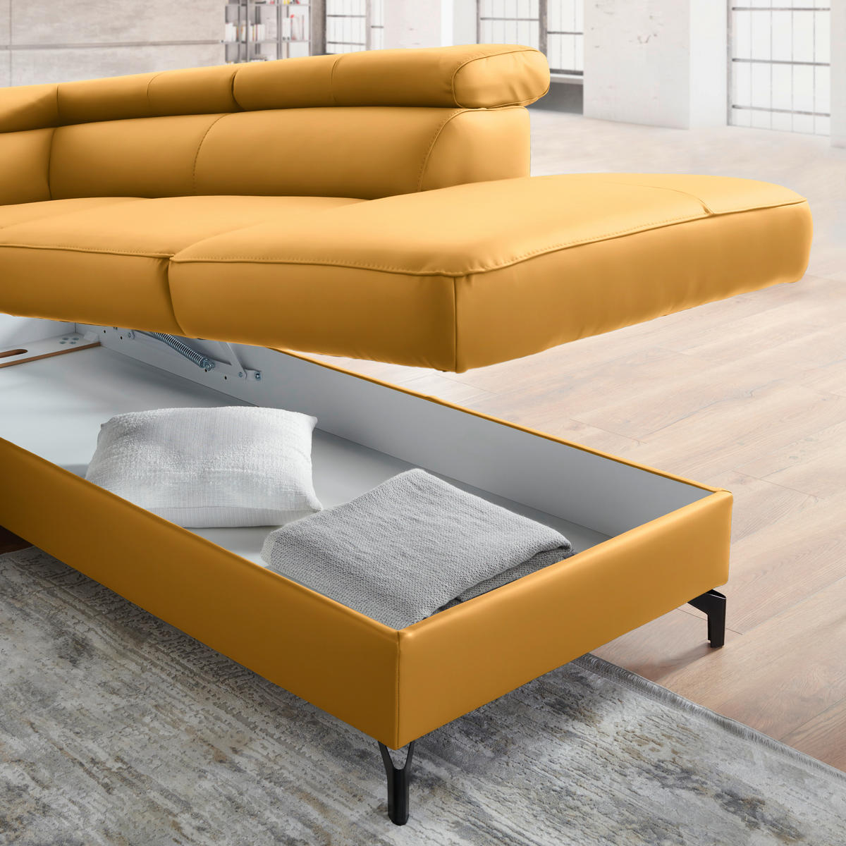 ECKSOFA in Echtleder Currygelb  - Currygelb/Schwarz, Design, Leder/Metall (256/220cm) - Celina Home