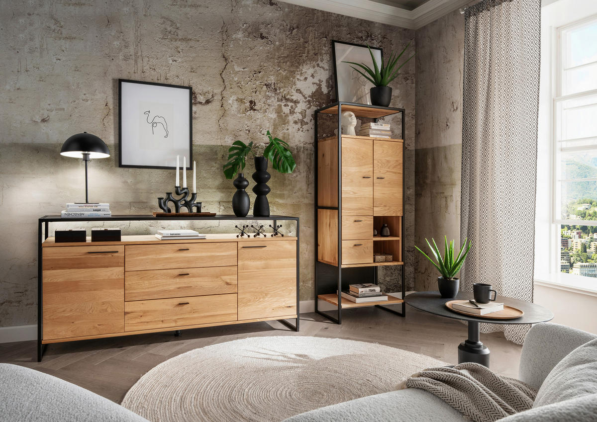 HIGHBOARD  64/173/39 cm 2 Schublade(n)  - Eichefarben/Schwarz, Design, Holz/Metall (64/173/39cm) - Linea Natura