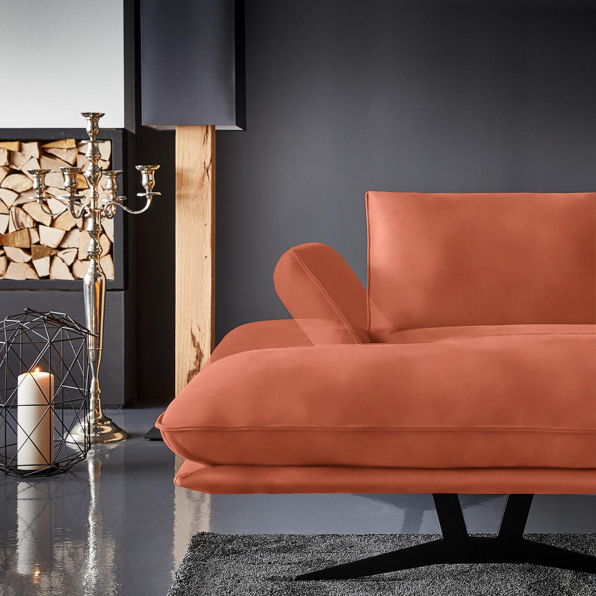 WOHNLANDSCHAFT in Echtleder Orange  - Schwarz/Orange, Natur, Leder/Metall (155/359/217cm) - Dieter Knoll