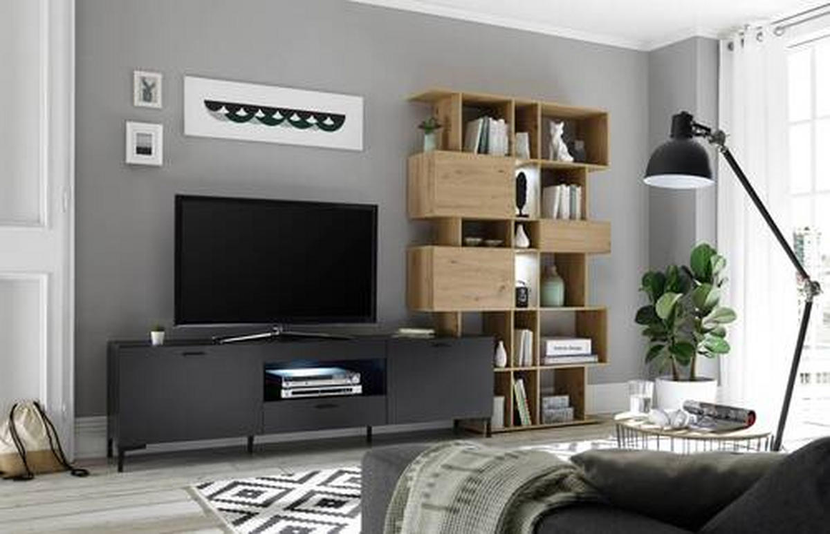 REGAL ZA DNEVNI BORAVAK crna, boja hrasta   - boja hrasta/crna, Moderno, pločasti materijal/plastika (290/195/40cm)