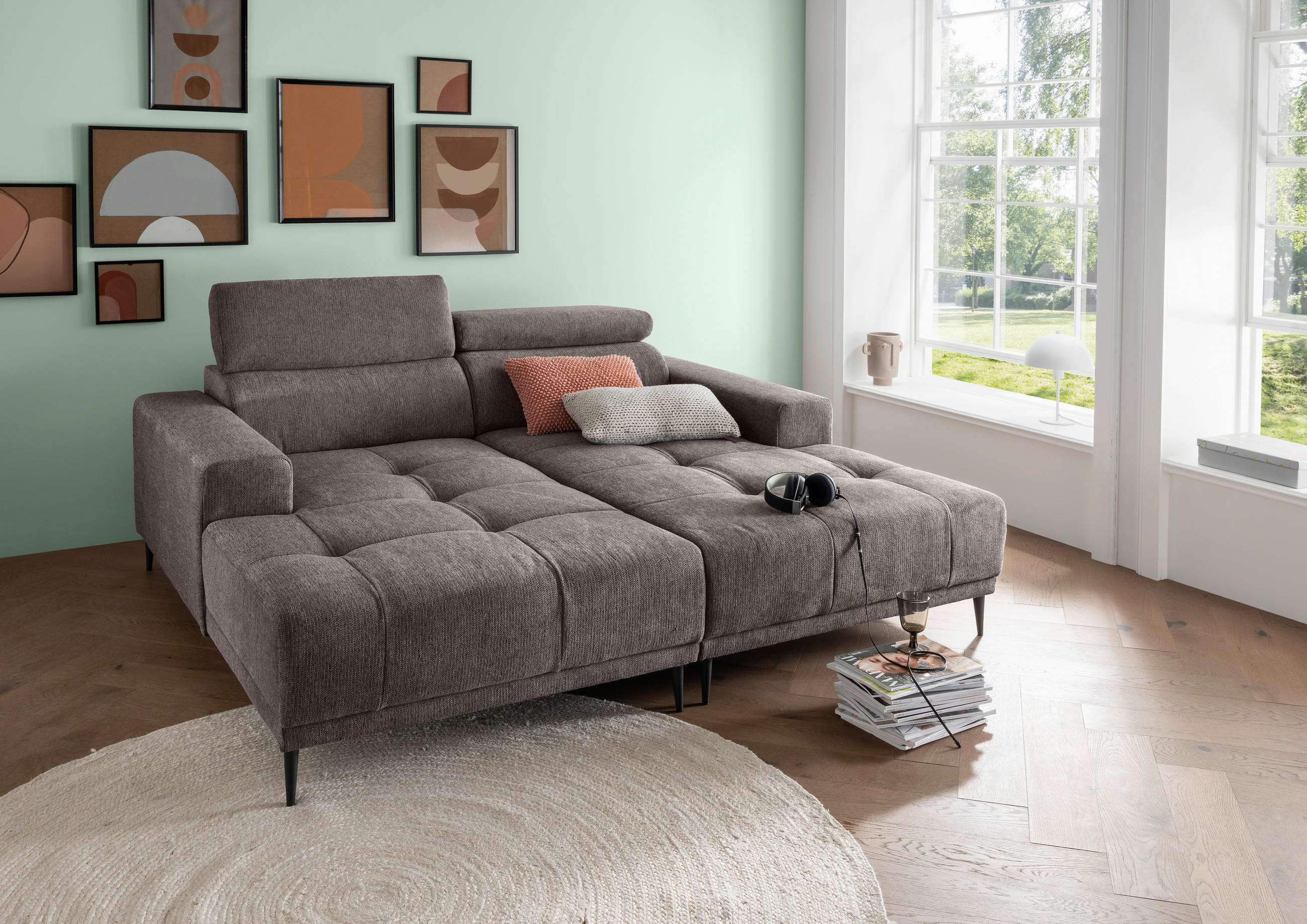 ECKSOFA in Chenille Graubraun  - Graubraun/Schwarz, Konventionell, Textil/Metall (200/188cm) - Livetastic