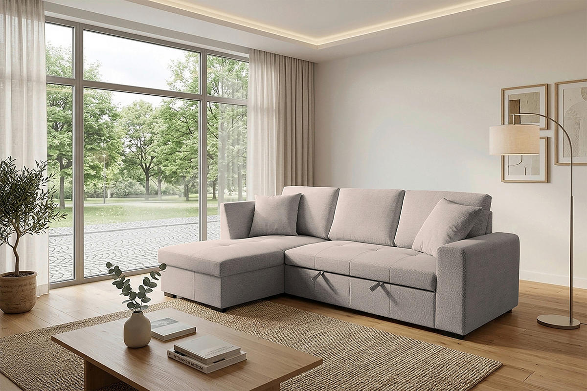 ECKSOFA LUKAS Hellbraun Struktur Zierkissen, Bettkasten  - Hellbraun, Trend, Textil (158/239cm) - P & B