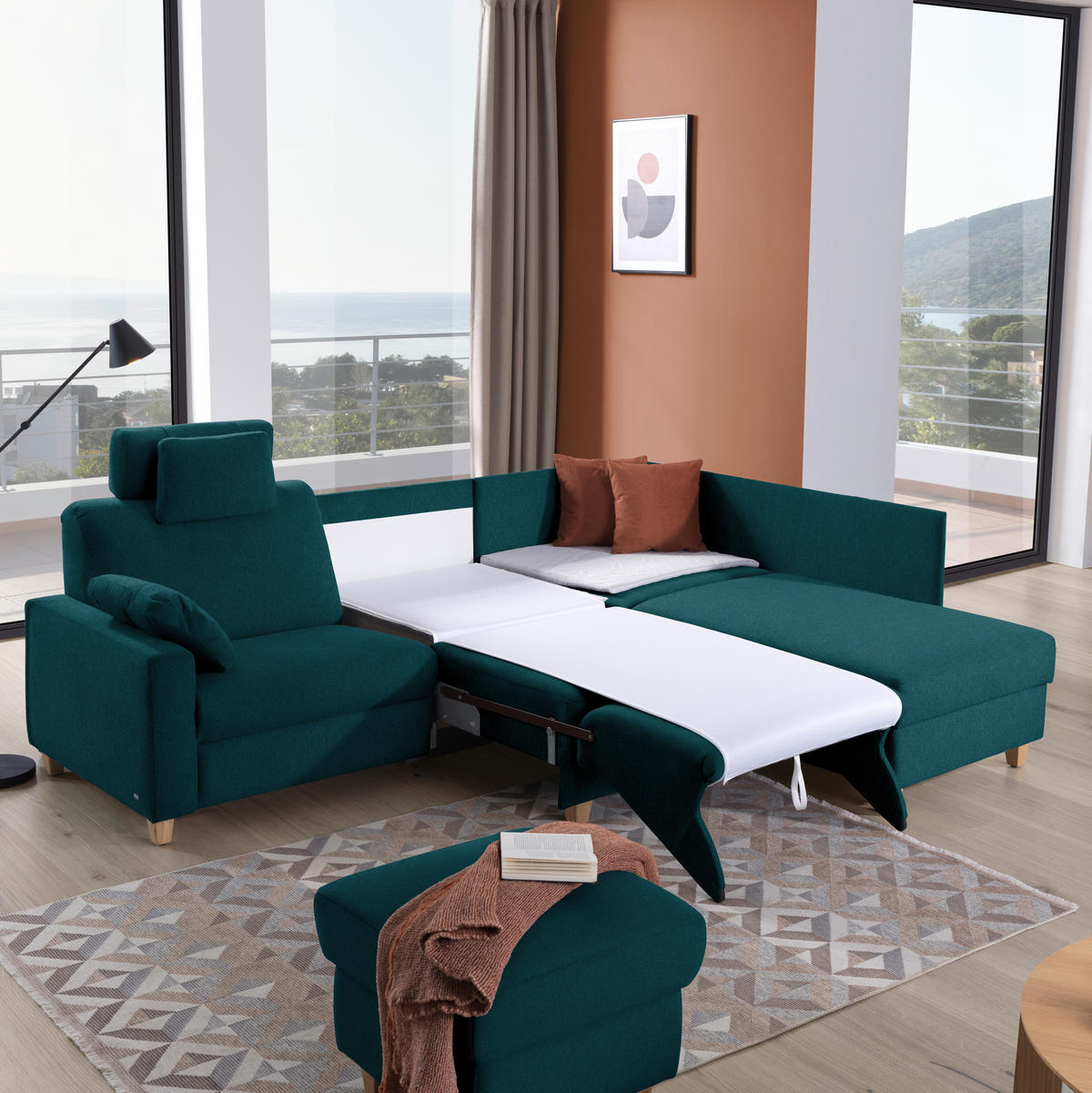 ECKSOFA in Flachgewebe Petrol  261/203 cm  - Eichefarben/Petrol, KONVENTIONELL, Holz/Textil (261/203cm) - Sedda