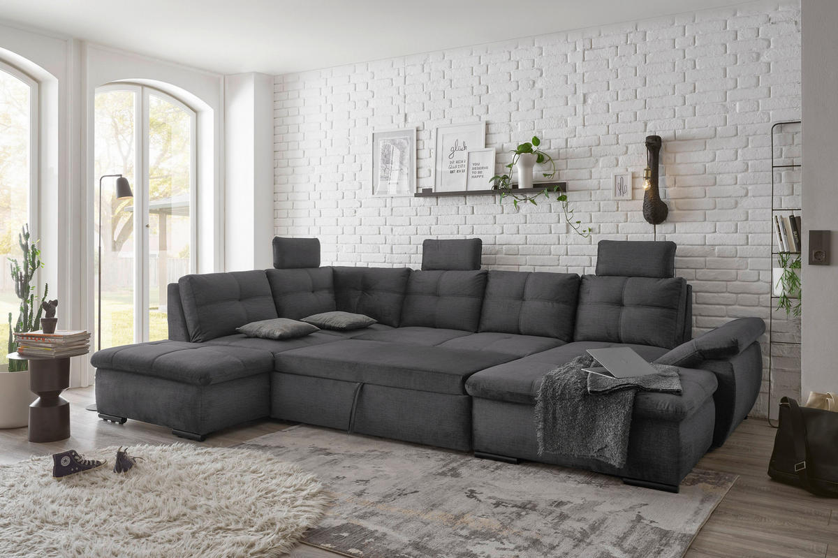 WOHNLANDSCHAFT in Mikrovelours Grau  - Schwarz/Grau, KONVENTIONELL, Kunststoff/Textil (217/334/127cm) - Carryhome