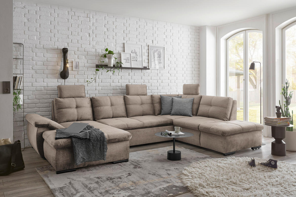 WOHNLANDSCHAFT Creme Mikrovelours  - Creme/Schwarz, KONVENTIONELL, Kunststoff/Textil (127/334/217cm) - Carryhome
